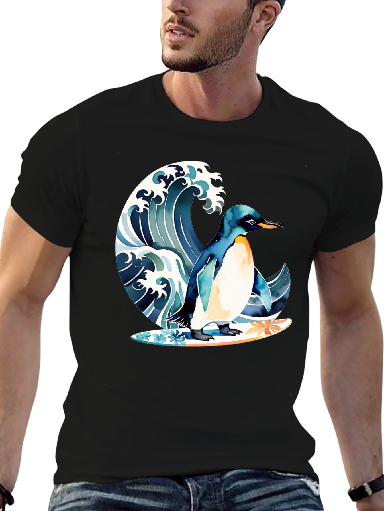 Penguin Surfing Wave Graphic T-Shirt