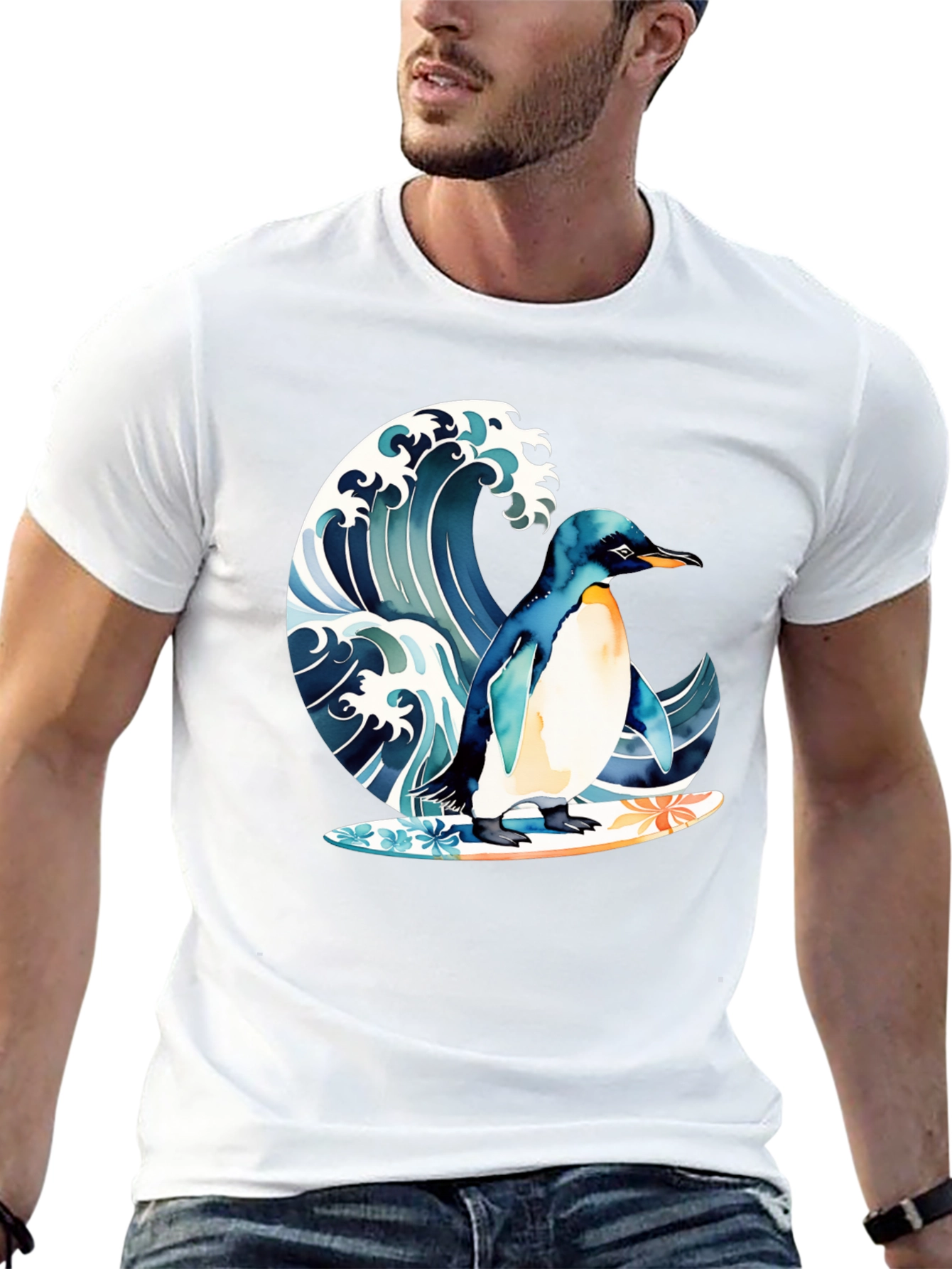Penguin Surfing Wave Graphic T-Shirt