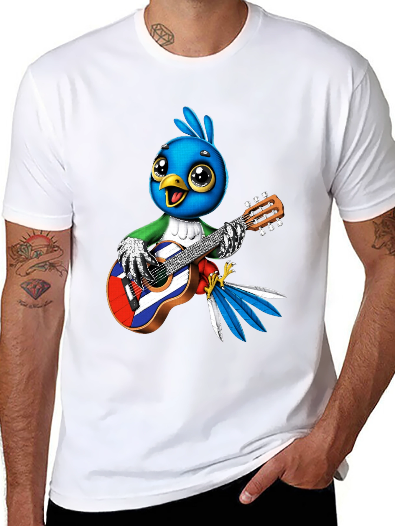 Cartoon Bird Playing Guitar Graphic Tee