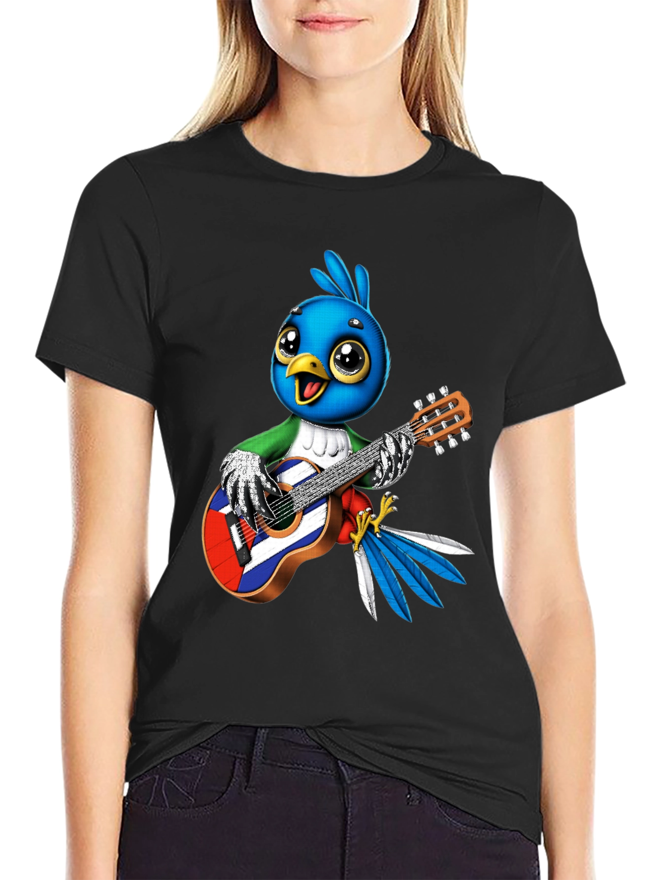 Cartoon Bird Playing Guitar Graphic Tee