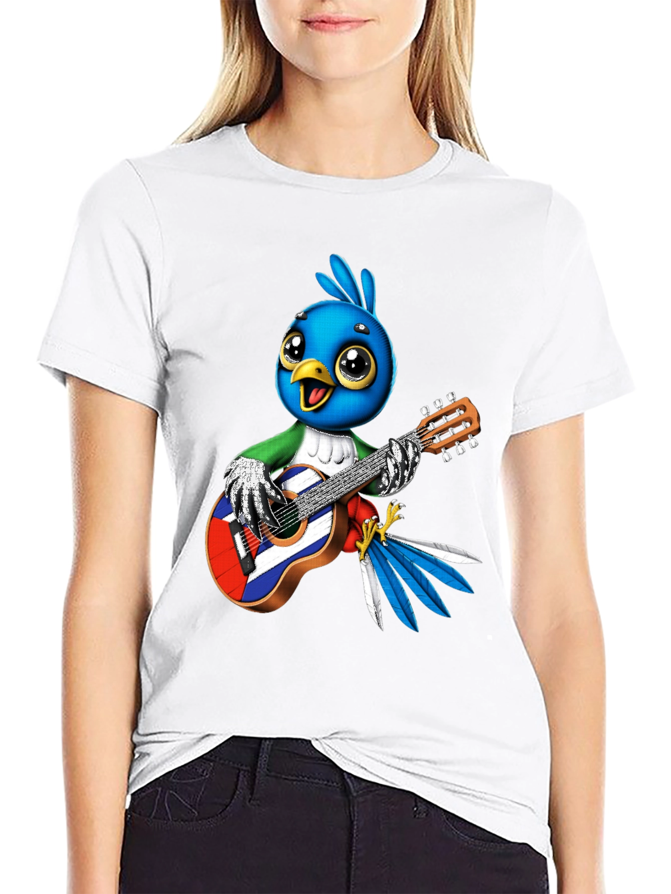 Cartoon Bird Playing Guitar Graphic Tee