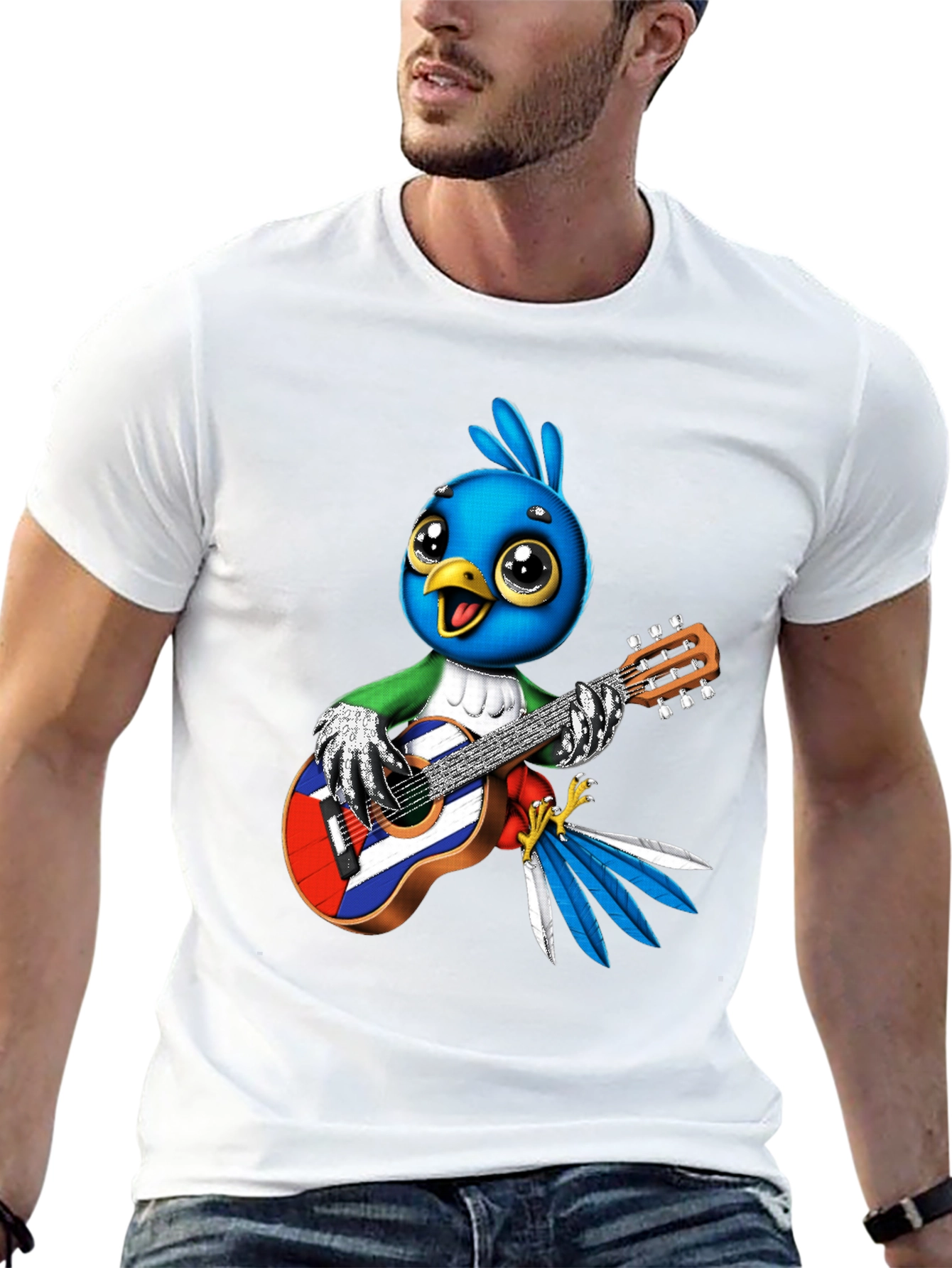 Cartoon Bird Playing Guitar Graphic Tee