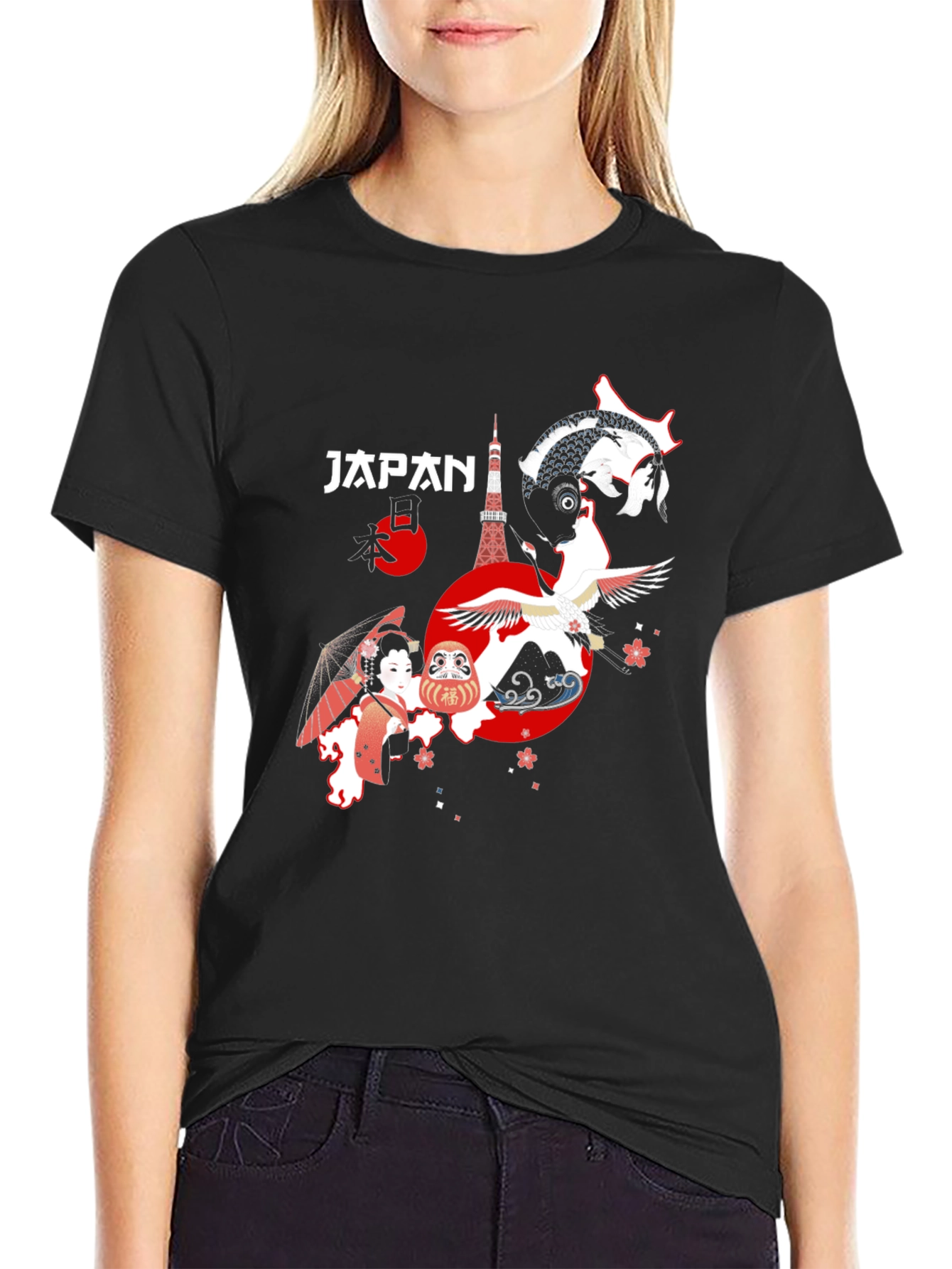 Japan Graphic T-Shirt Tokyo Crane Koi Design