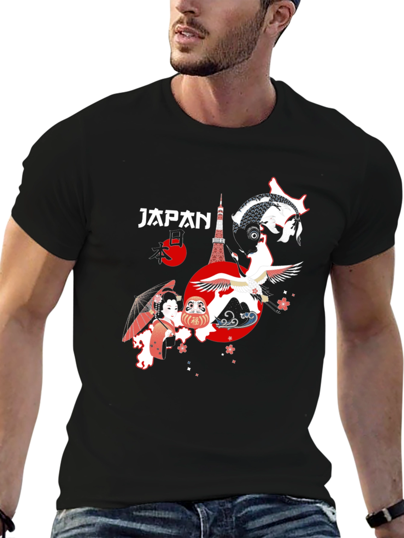 Japan Graphic T-Shirt Tokyo Crane Koi Design