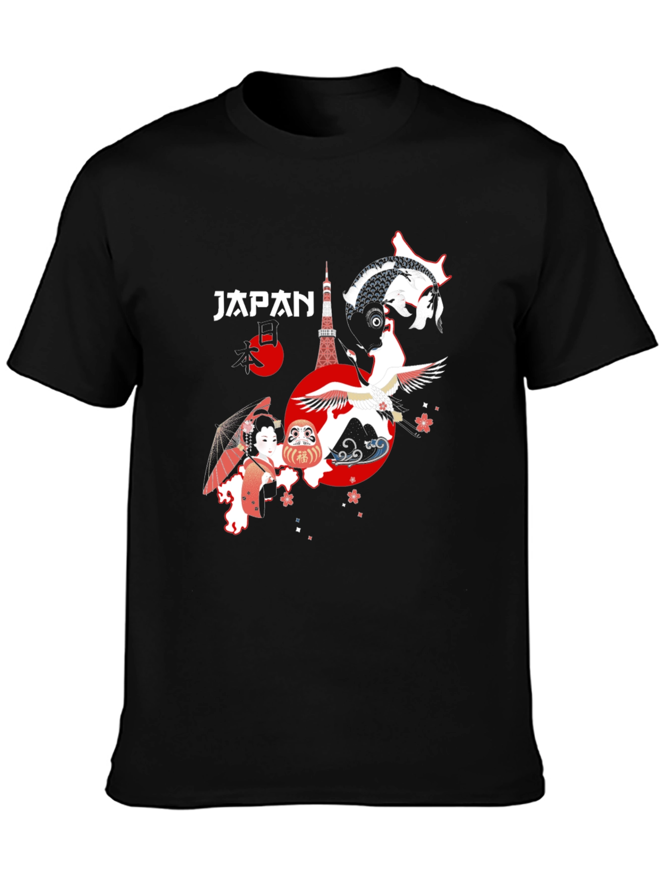 Japan Graphic T-Shirt Tokyo Crane Koi Design