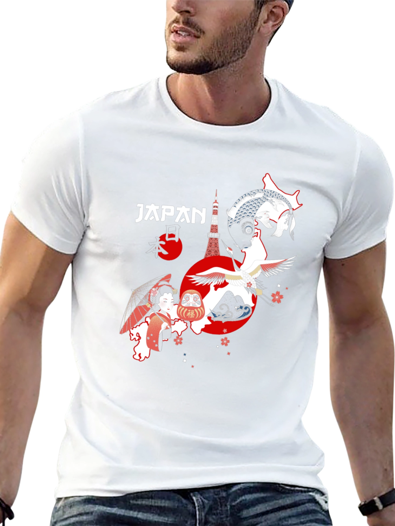 Japan Graphic T-Shirt Tokyo Crane Koi Design