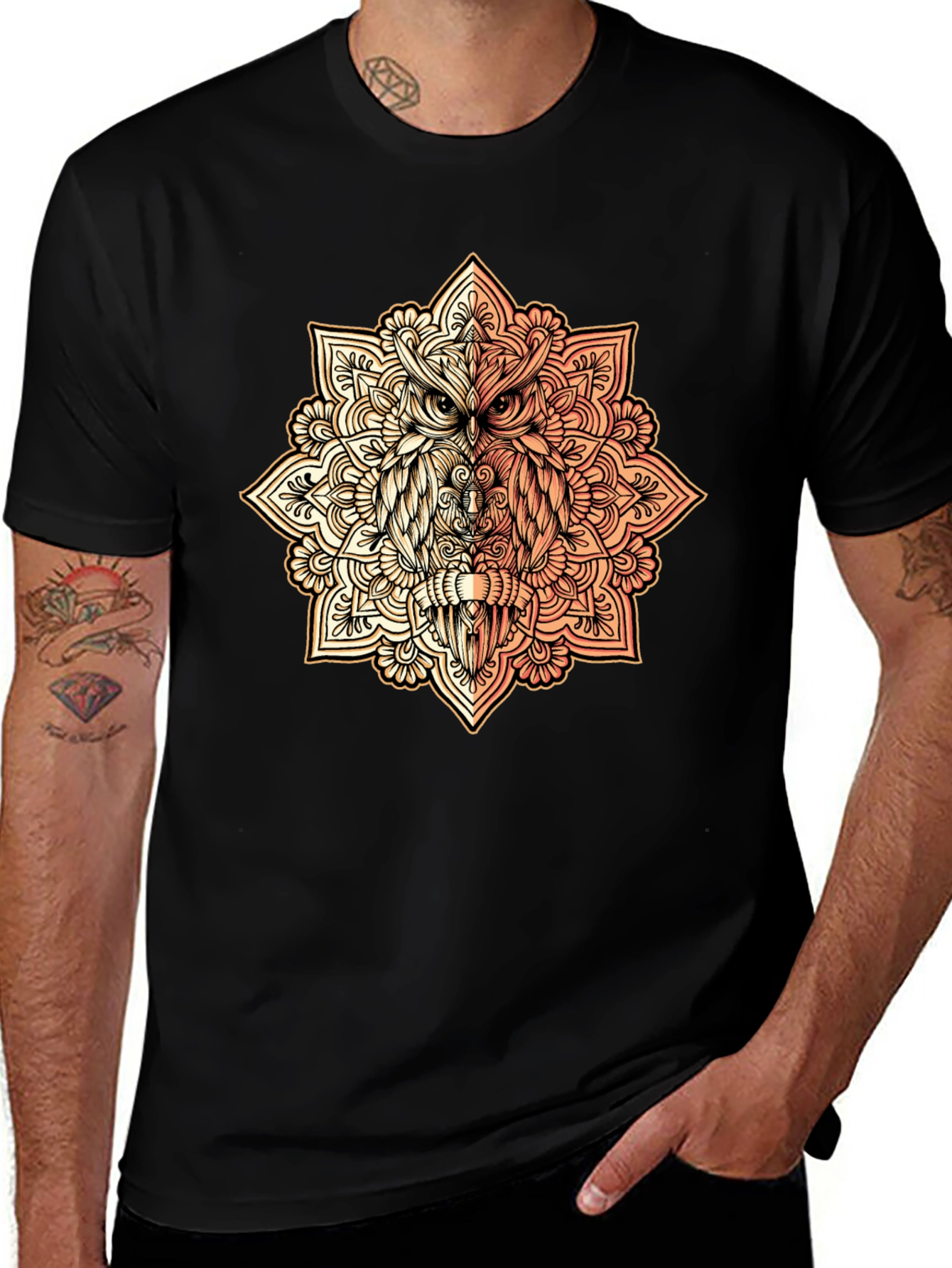 Owl Mandala Graphic Tee - Black Cotton Shirt