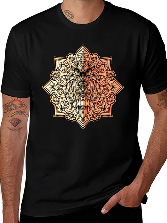 Owl Mandala Graphic Tee - Black Cotton Shirt