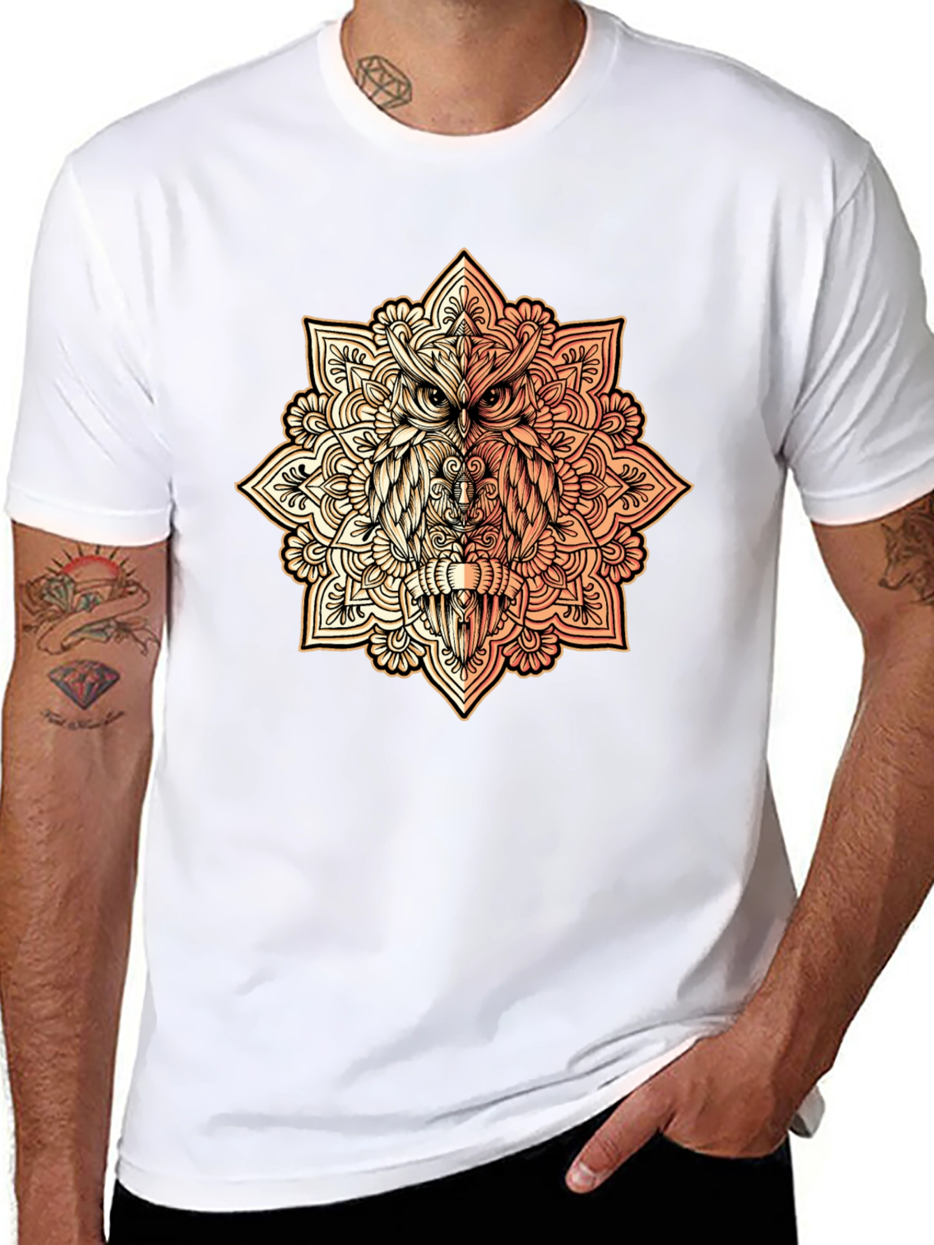 Owl Mandala Graphic Tee - Black Cotton Shirt