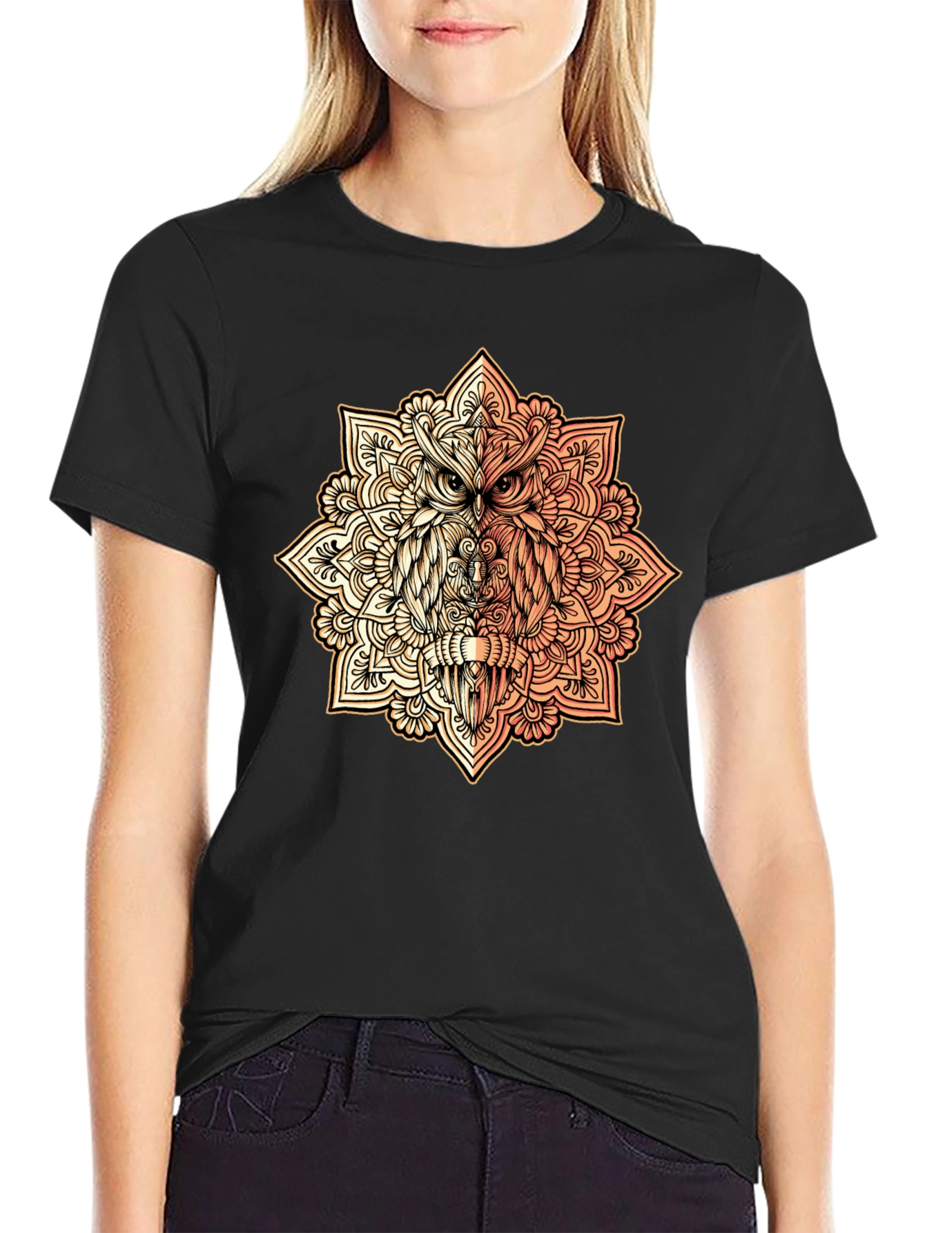 Owl Mandala Graphic Tee - Black Cotton Shirt