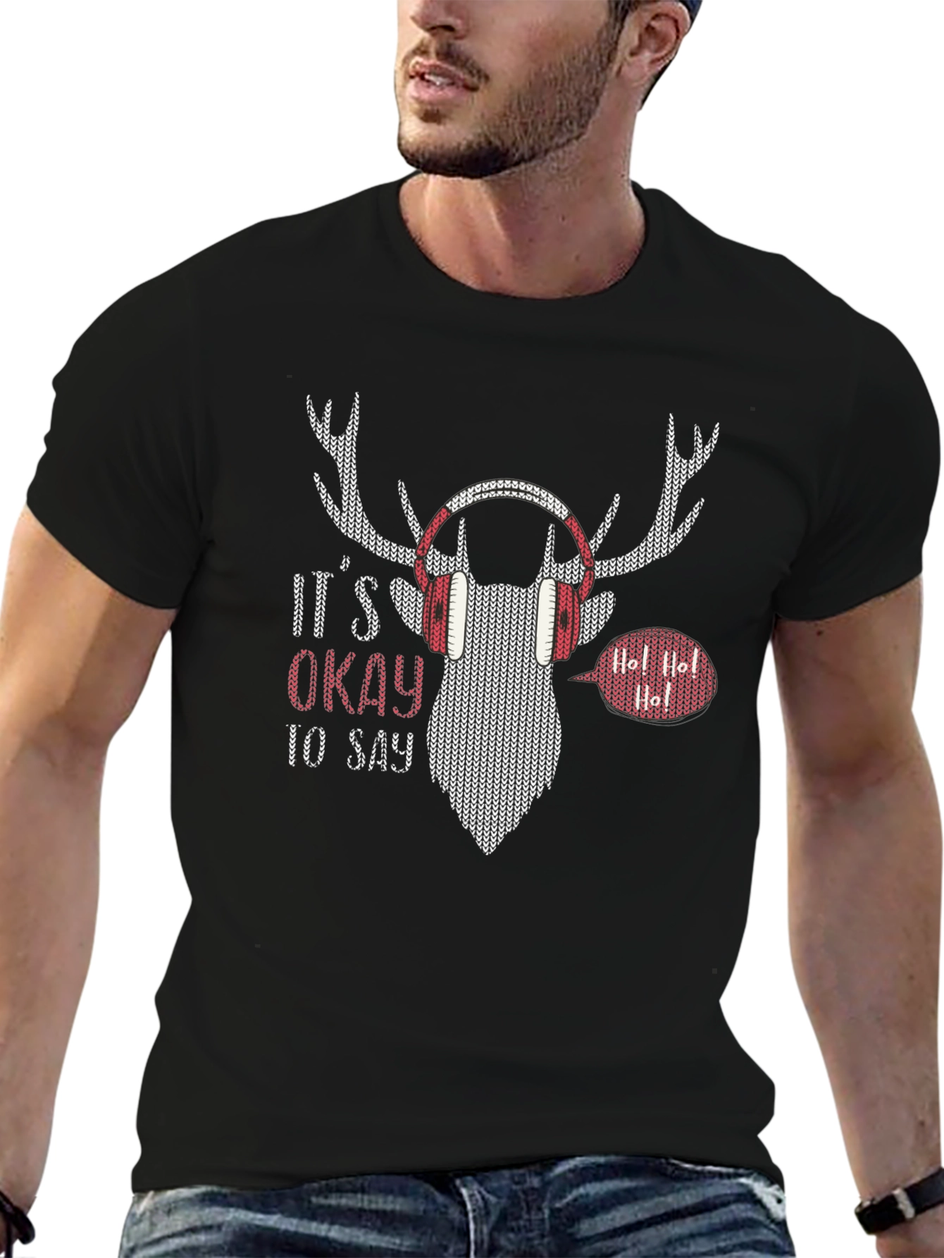 Its Okay to Say Ho! Christmas Deer Headphone T-Shirt