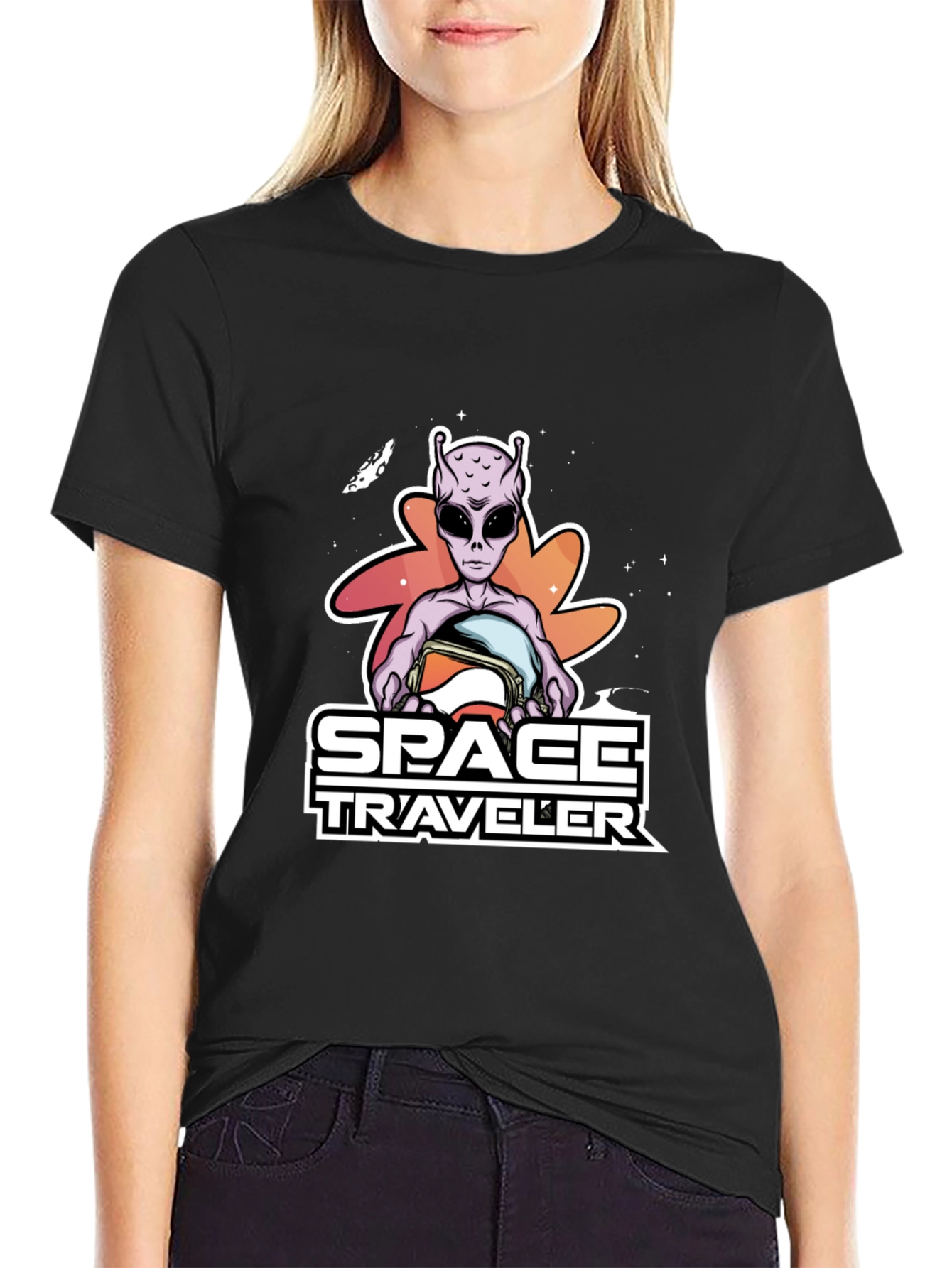 Space Traveler Alien Graphic T-Shirt - Black