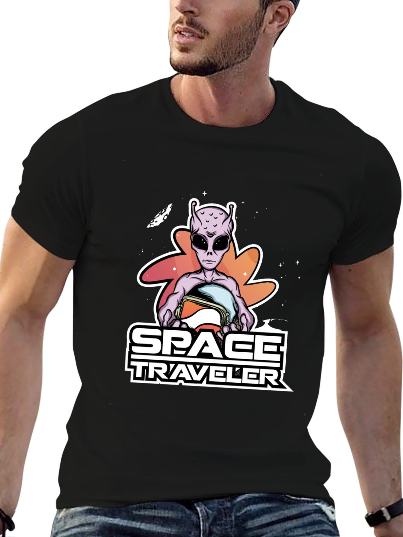Space Traveler Alien Graphic T-Shirt - Black