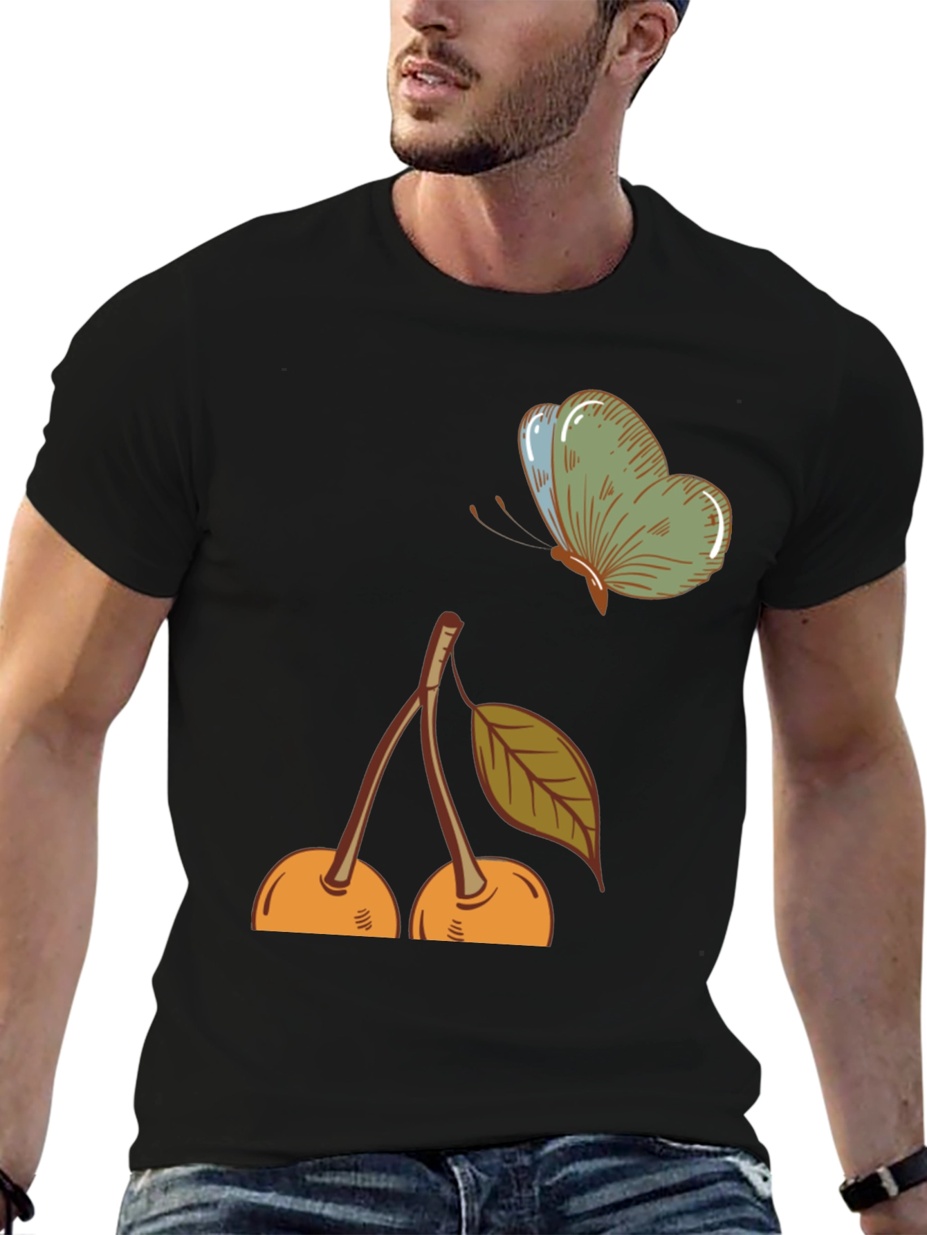 Cherry & Butterfly Graphic Tee - Black Casual T-Shirt