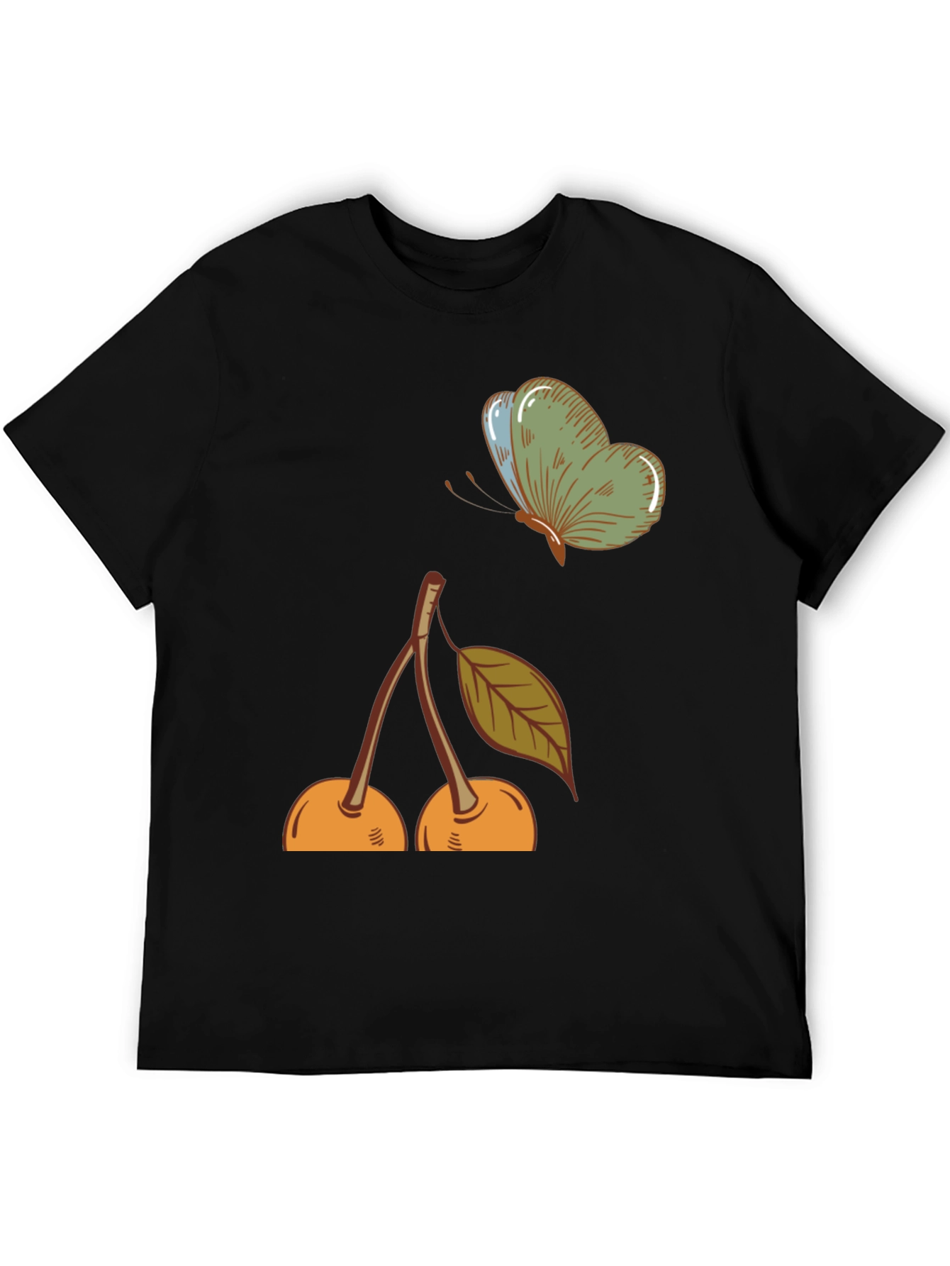Cherry & Butterfly Graphic Tee - Black Casual T-Shirt