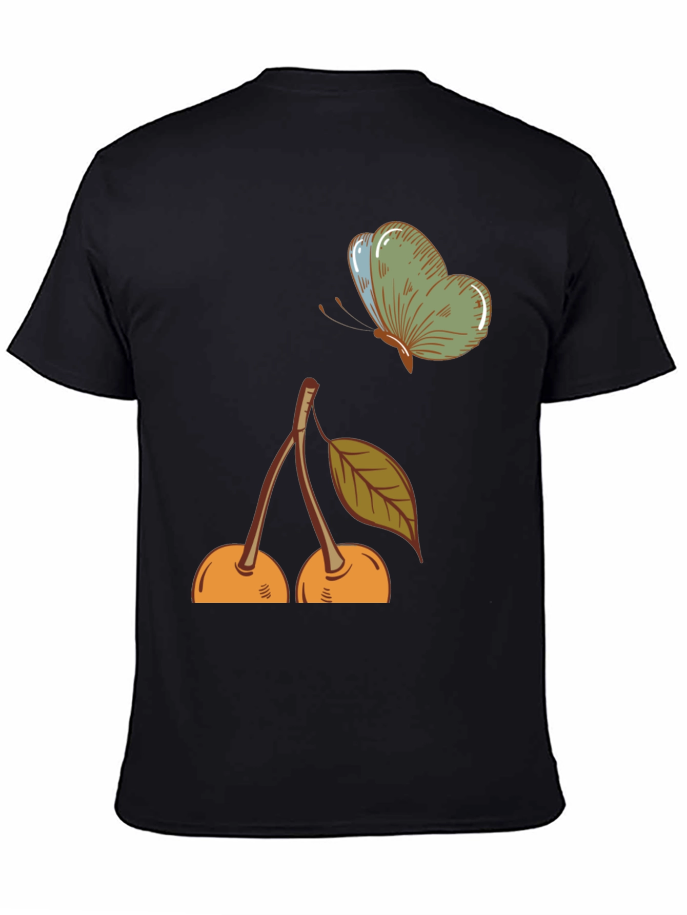 Cherry & Butterfly Graphic Tee - Black Casual T-Shirt