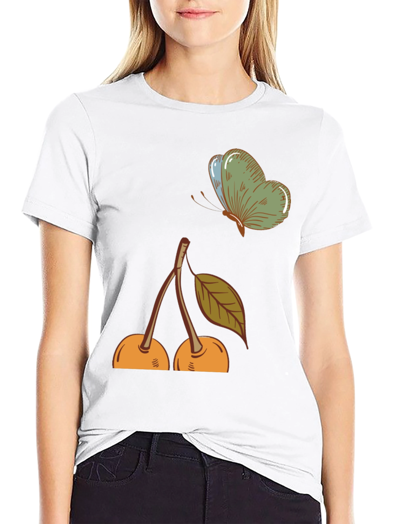 Cherry & Butterfly Graphic Tee - Black Casual T-Shirt