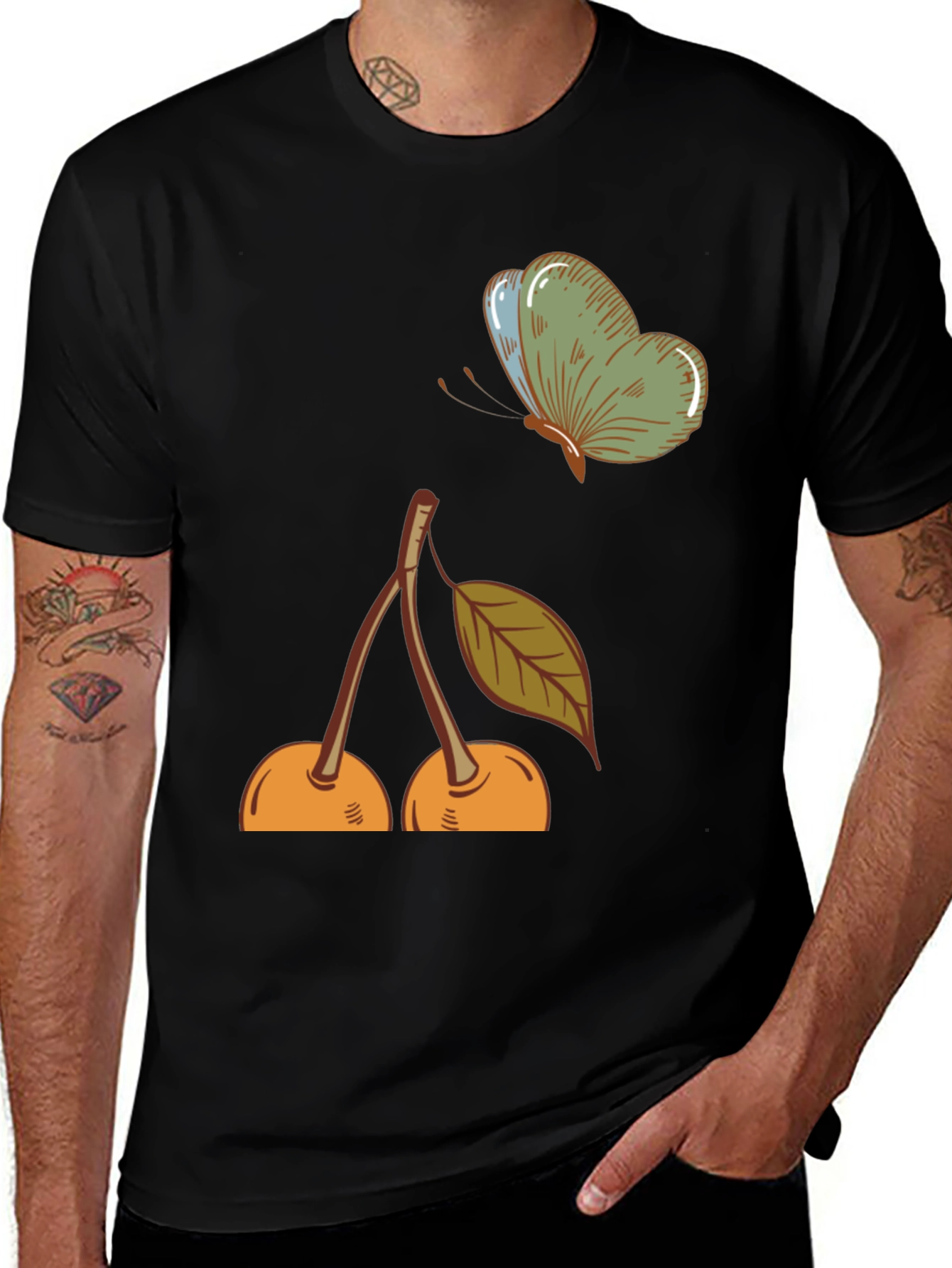 Cherry & Butterfly Graphic Tee - Black Casual T-Shirt