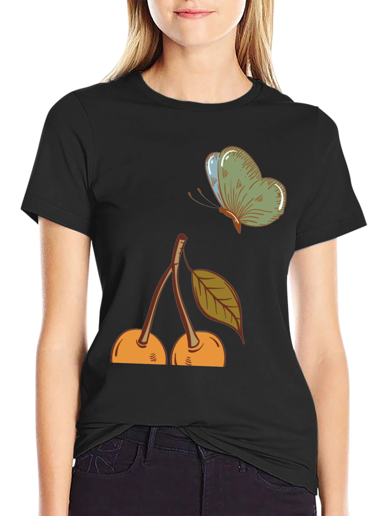 Cherry & Butterfly Graphic Tee - Black Casual T-Shirt