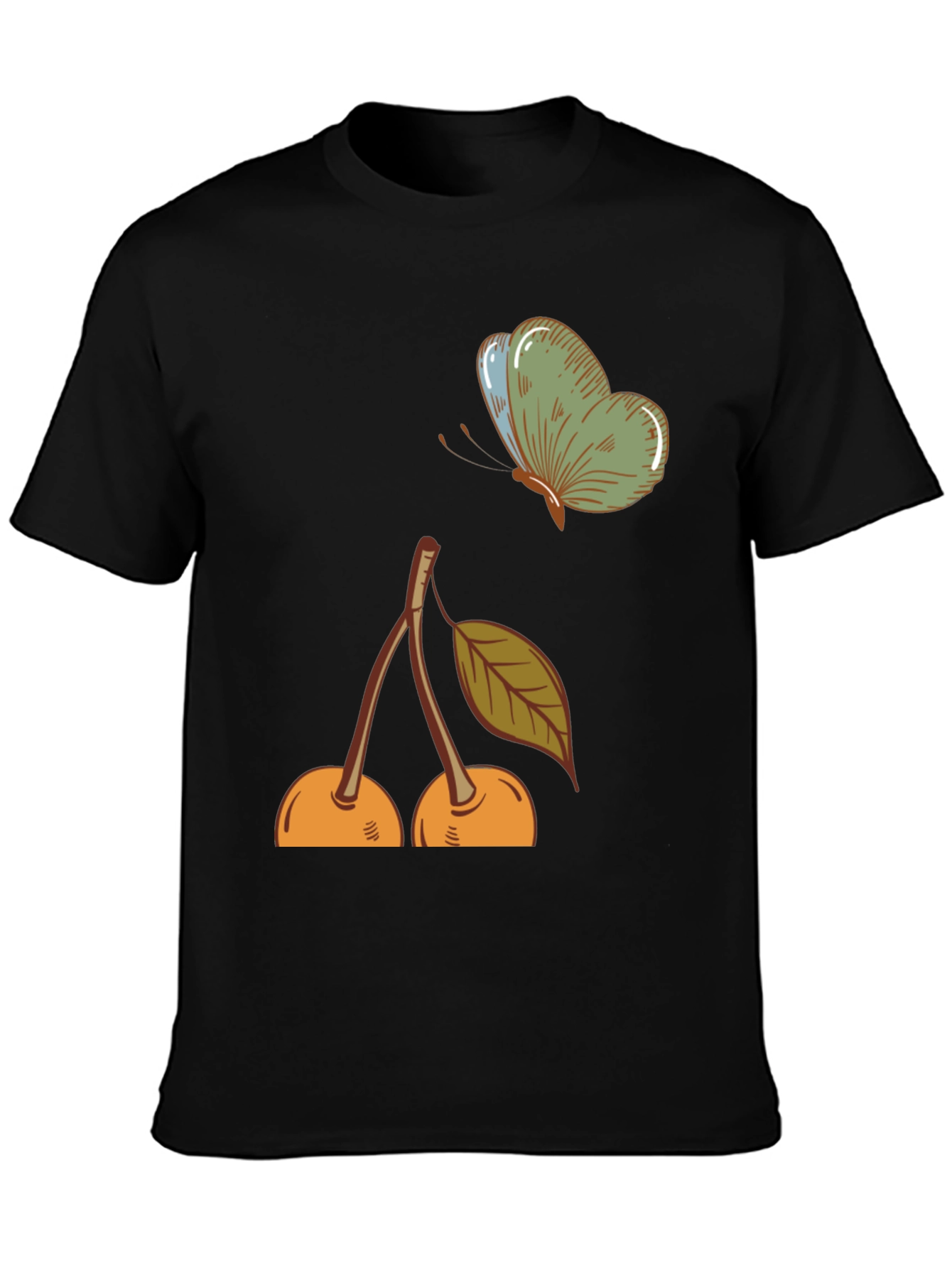 Cherry & Butterfly Graphic Tee - Black Casual T-Shirt