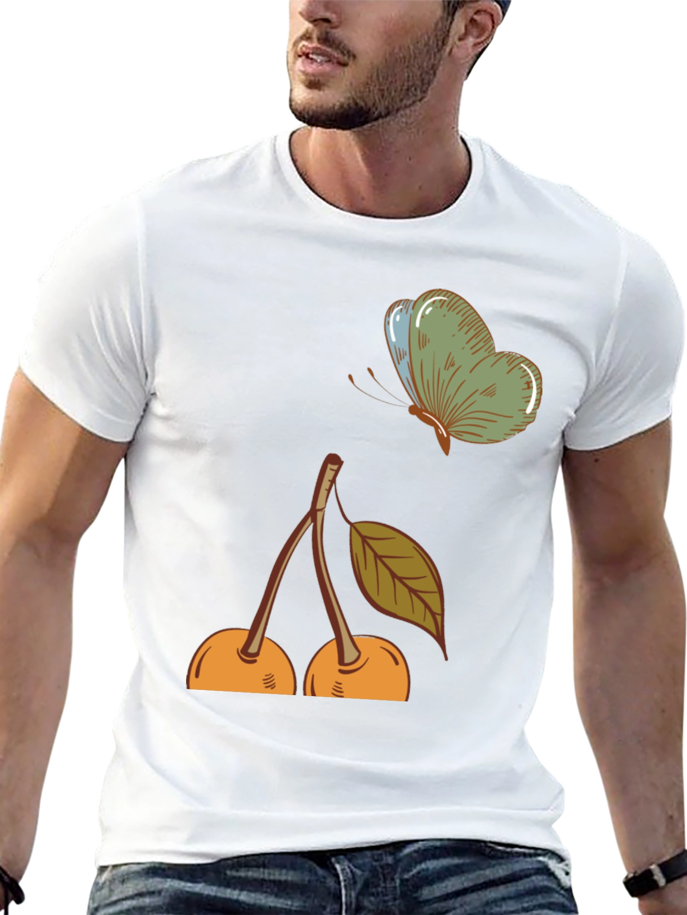 Cherry & Butterfly Graphic Tee - Black Casual T-Shirt