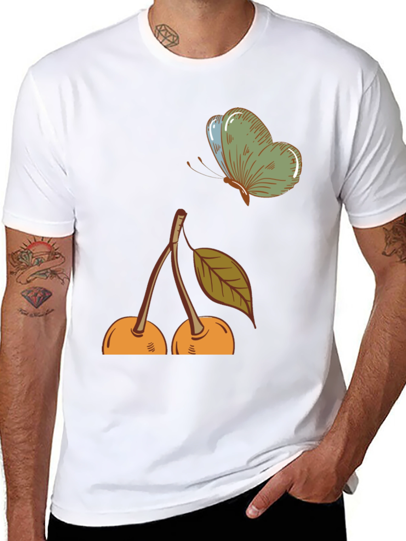 Cherry & Butterfly Graphic Tee - Black Casual T-Shirt