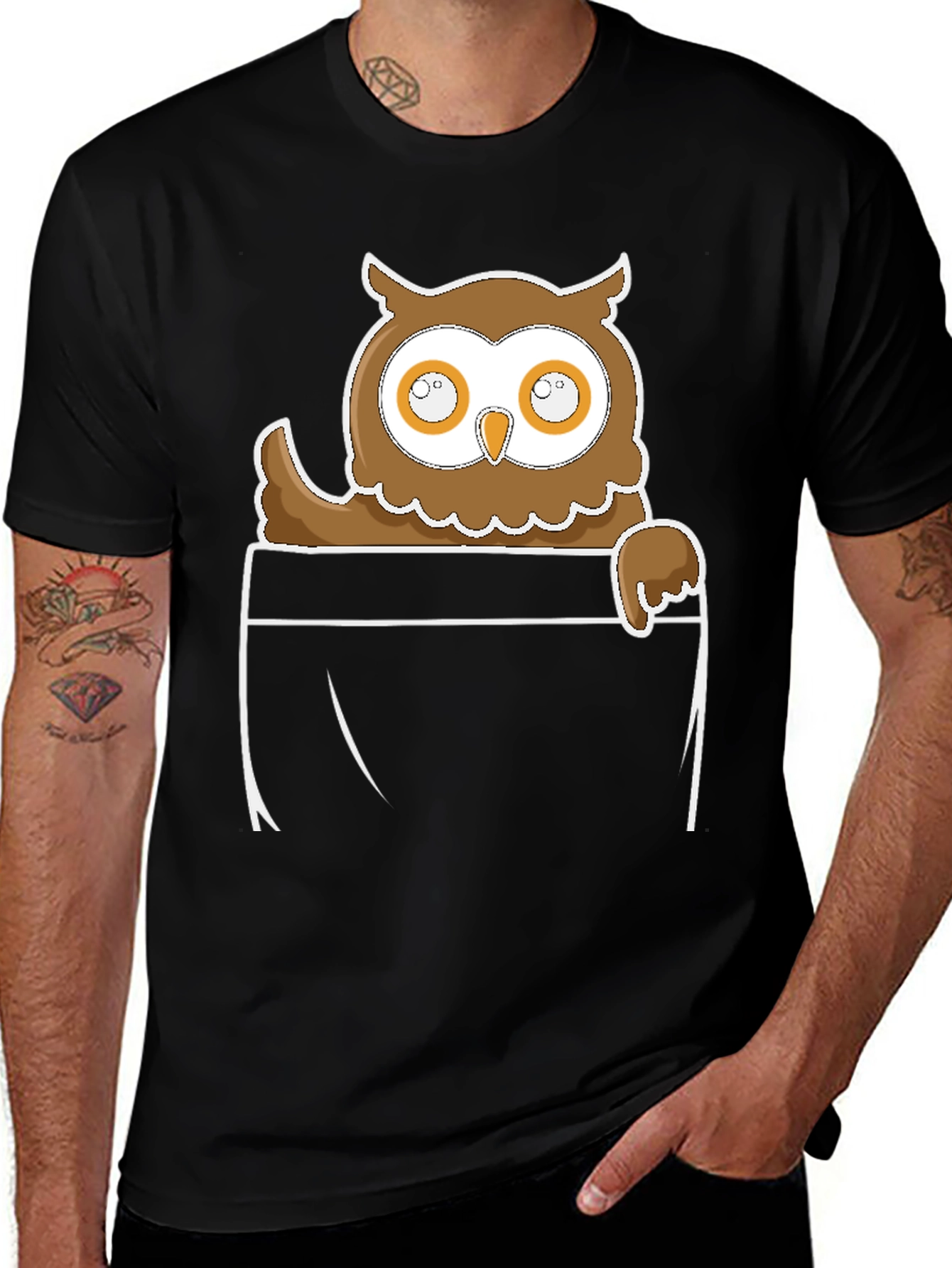 Owl in Pocket Graphic Tee - Black Cotton Blend
