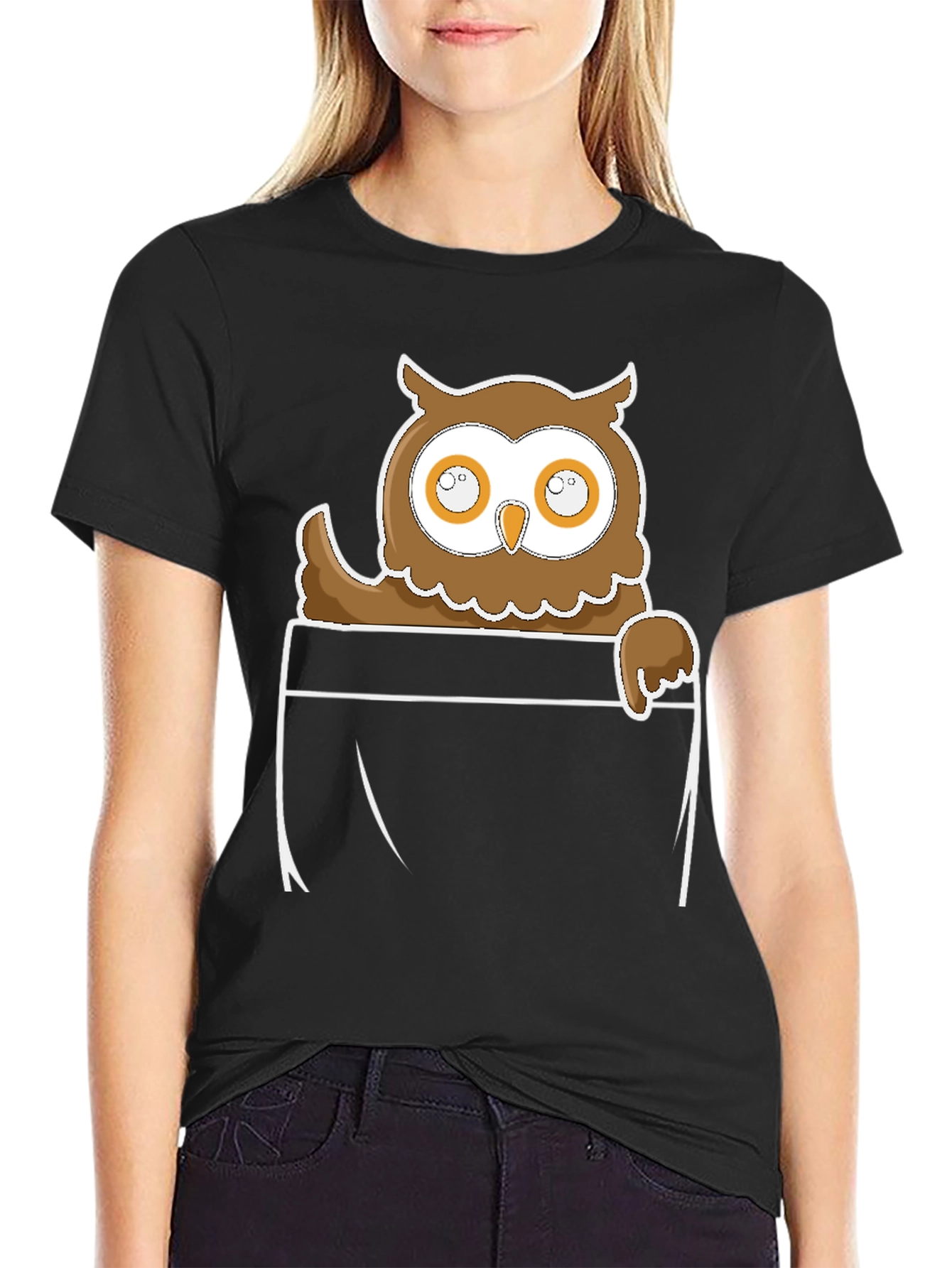 Owl in Pocket Graphic Tee - Black Cotton Blend