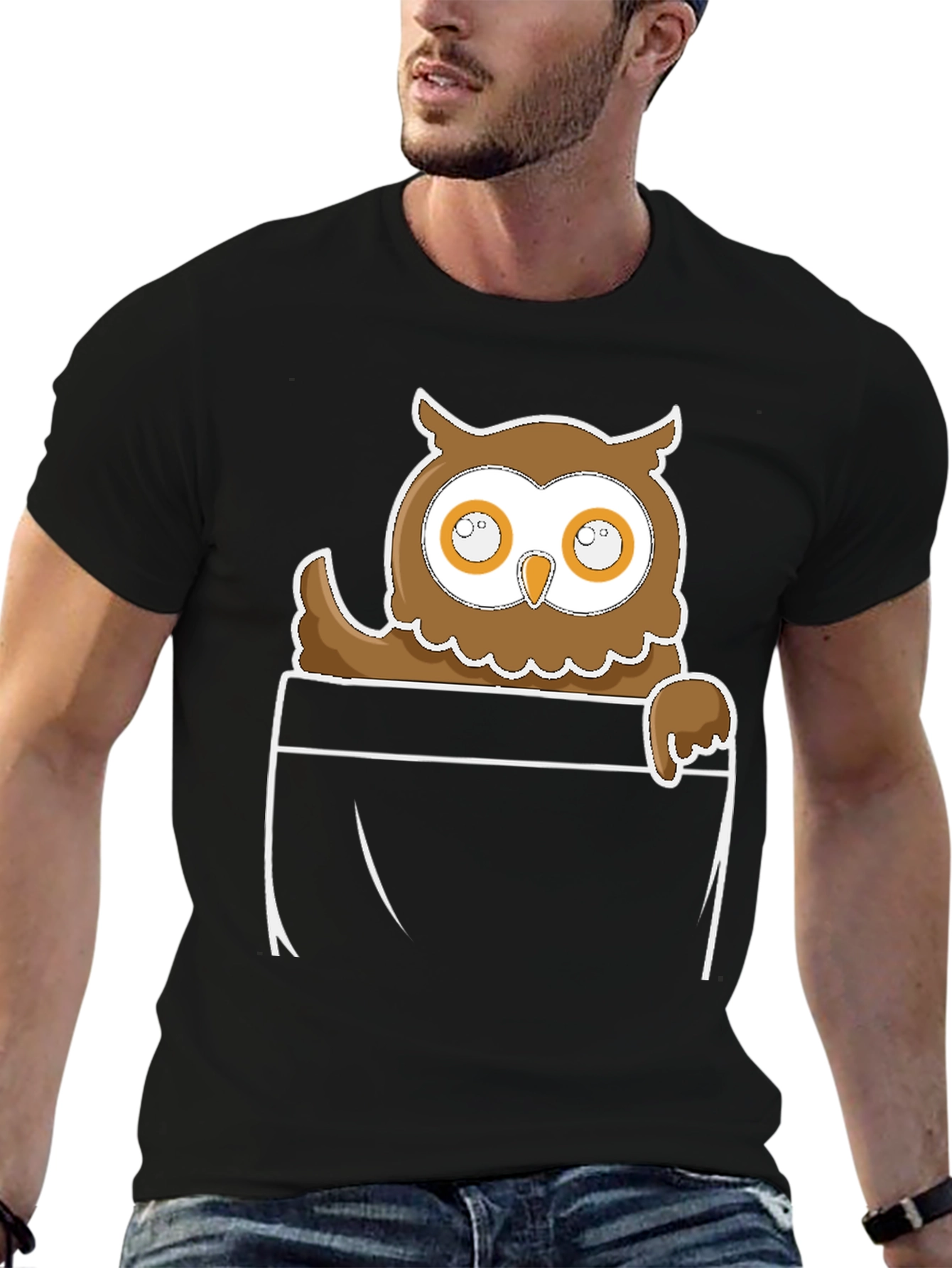 Owl in Pocket Graphic Tee - Black Cotton Blend