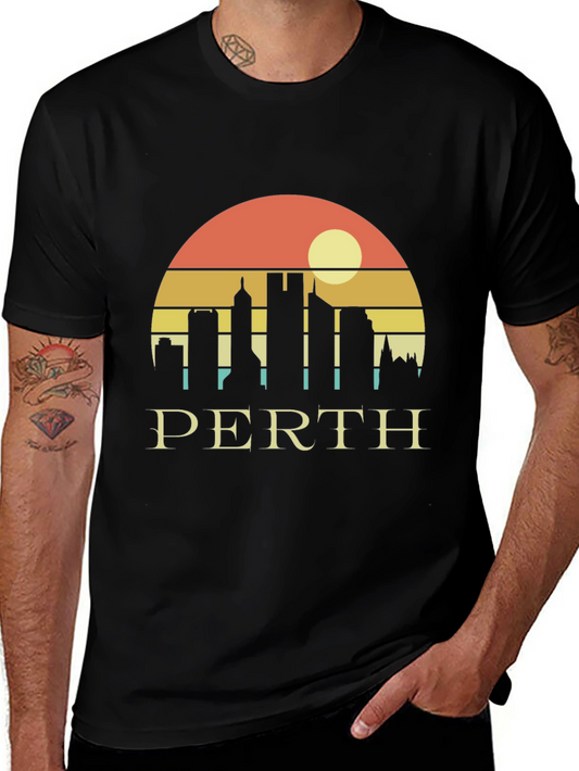 Perth Skyline Graphic Tee - Retro Sunset Black T-Shirt