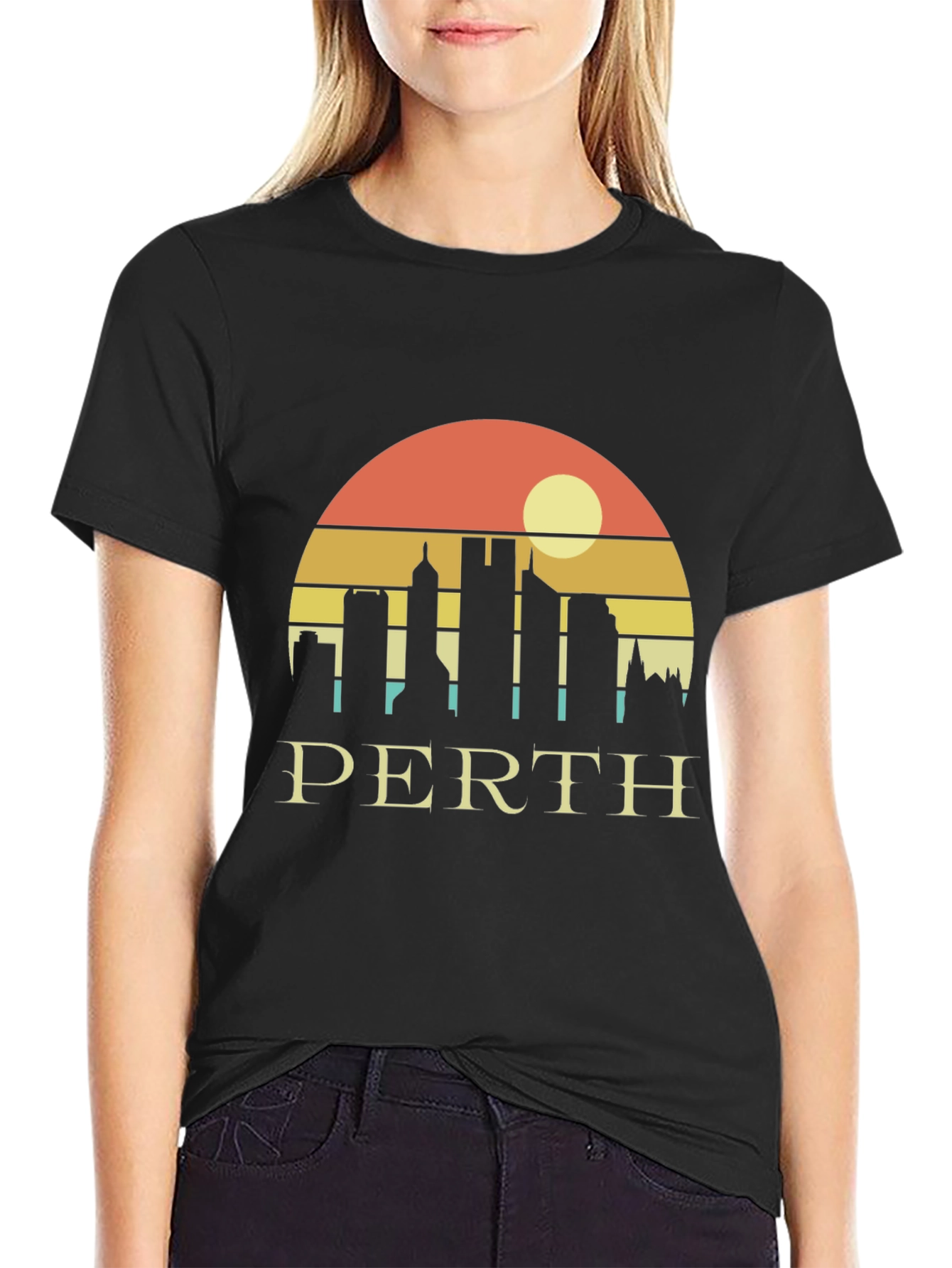 Perth Skyline Graphic Tee - Retro Sunset Black T-Shirt