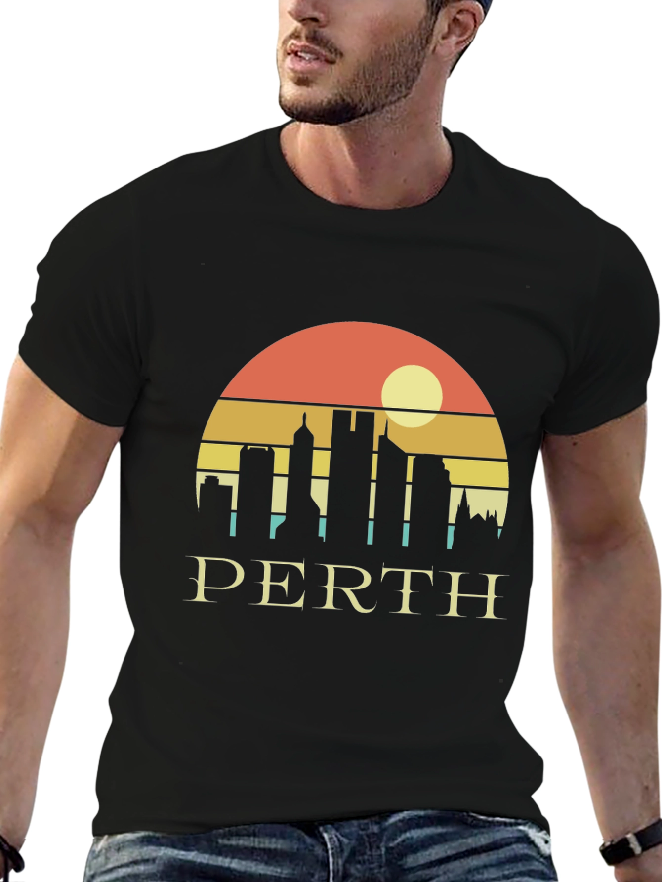Perth Skyline Graphic Tee - Retro Sunset Black T-Shirt