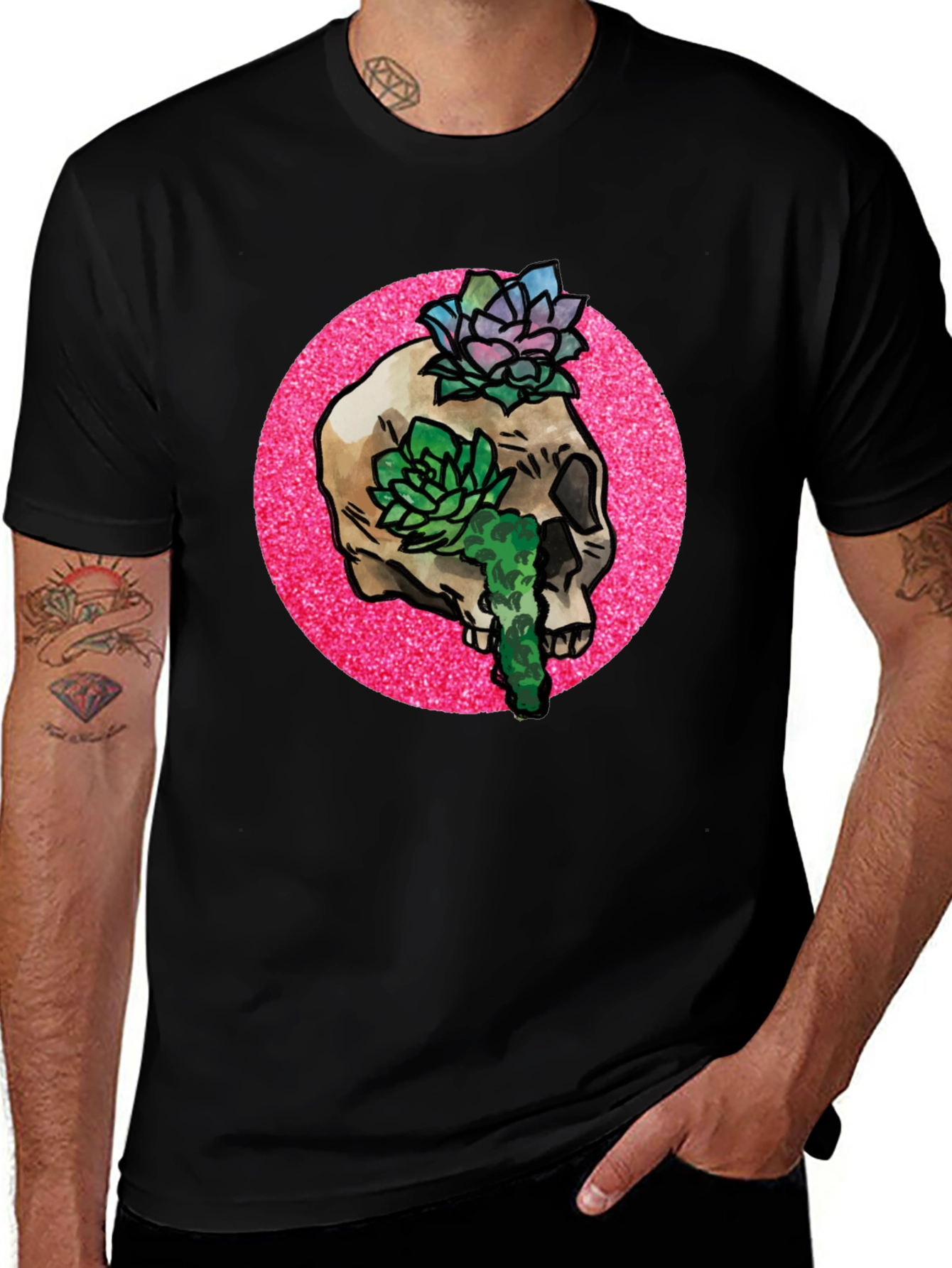 Skull and Succulent Graphic Tee - Black