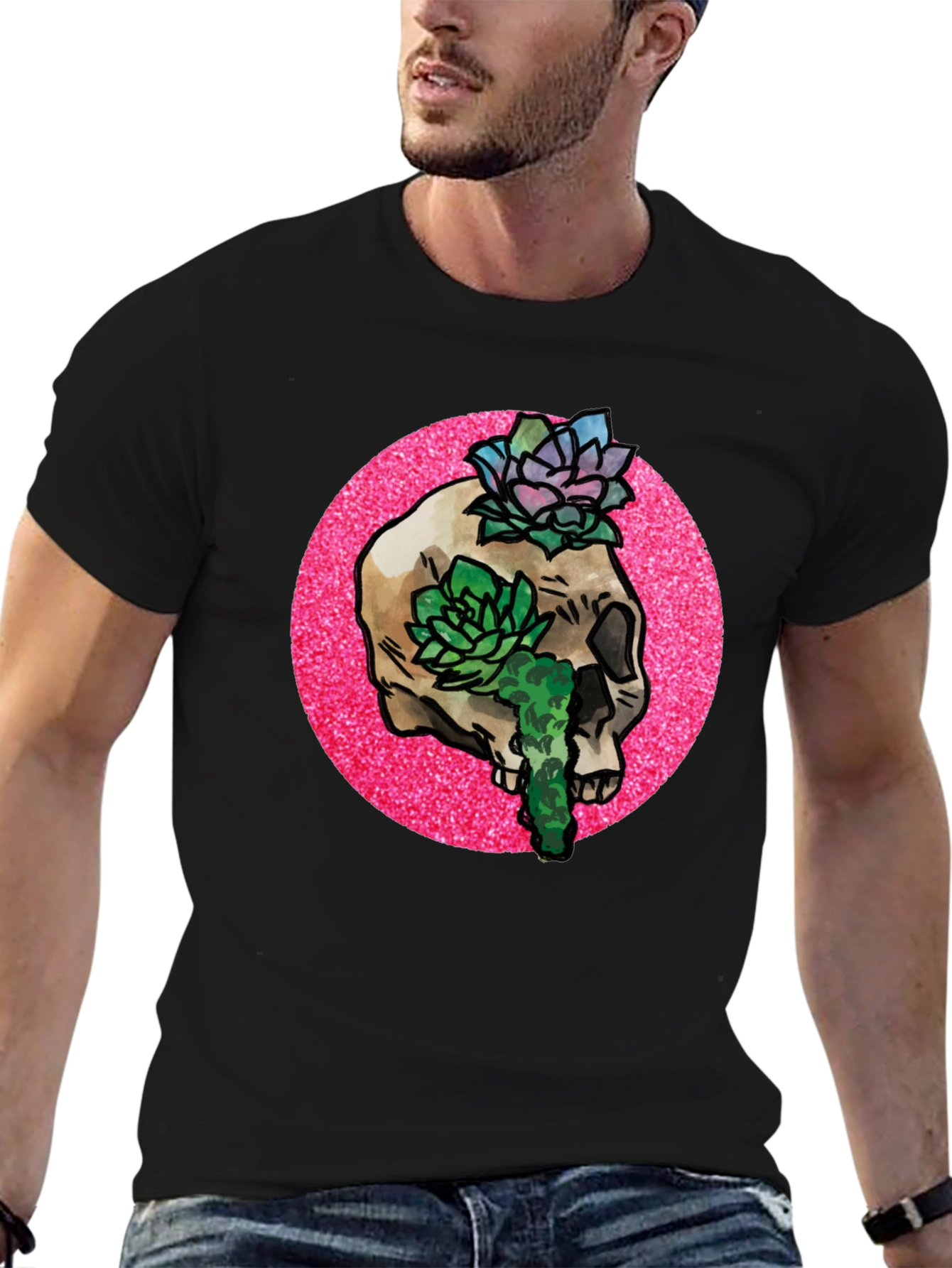 Skull and Succulent Graphic Tee - Black