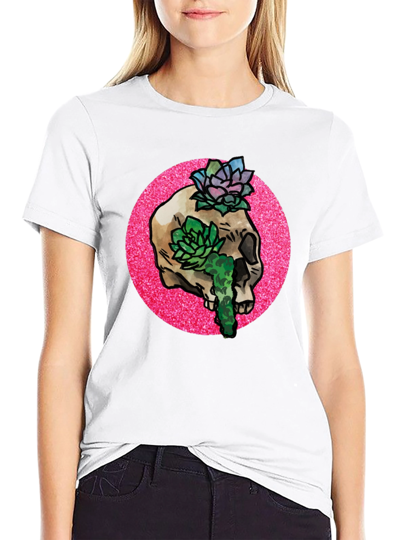 Skull and Succulent Graphic Tee - Black