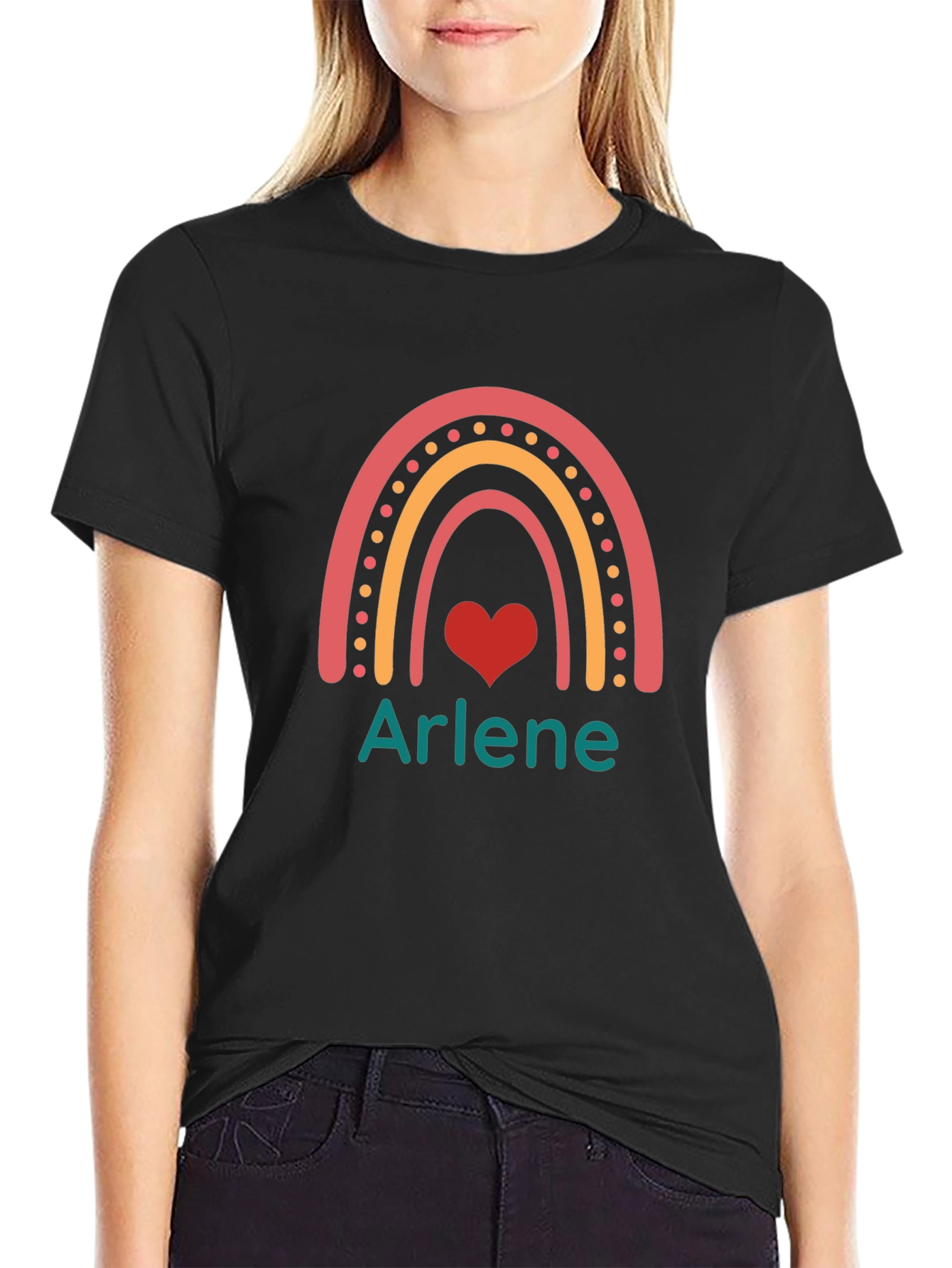 Arlene Rainbow Heart Graphic Black T-Shirt