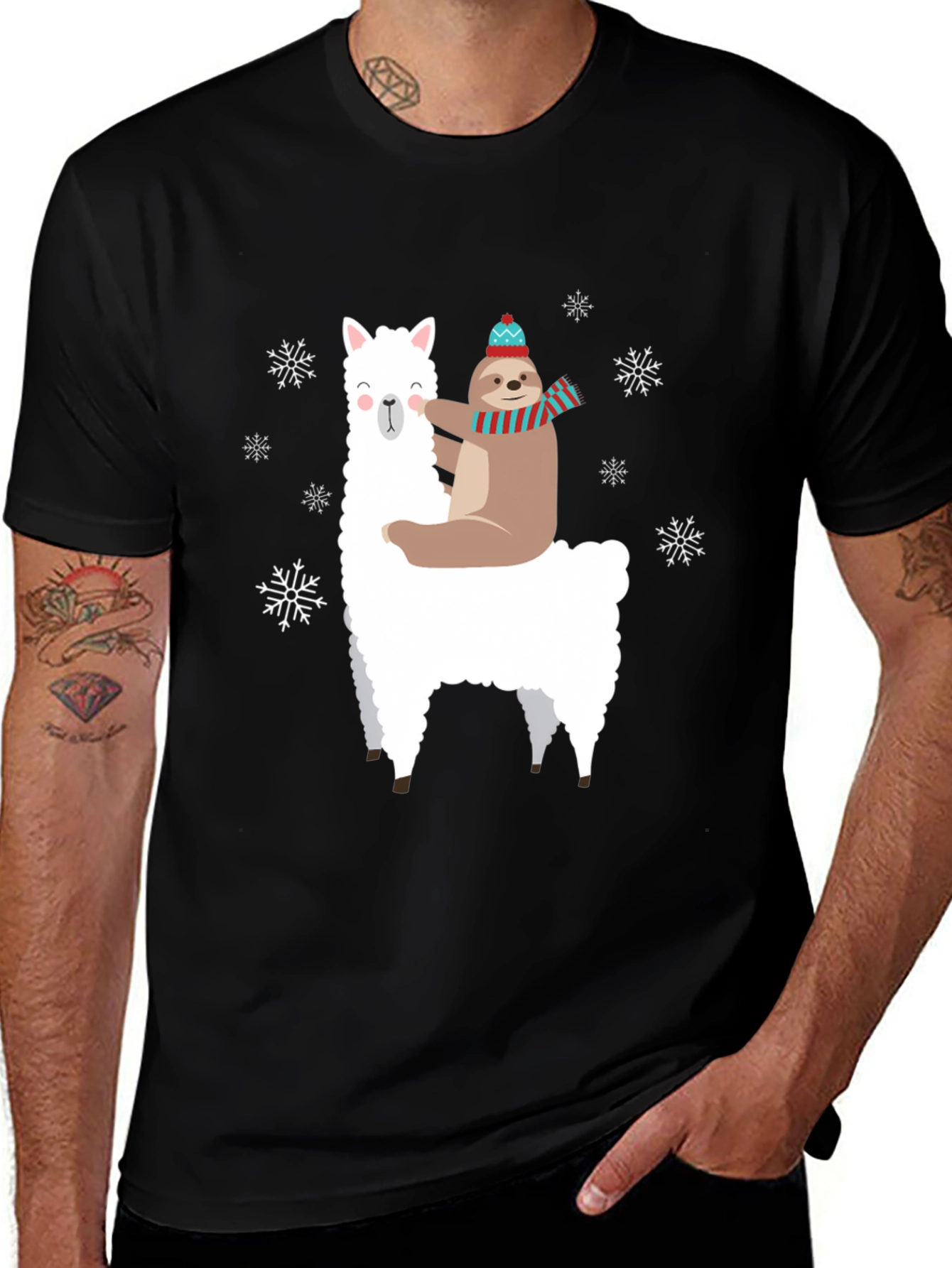 Llama Sloth Snowflake Black Graphic Tee