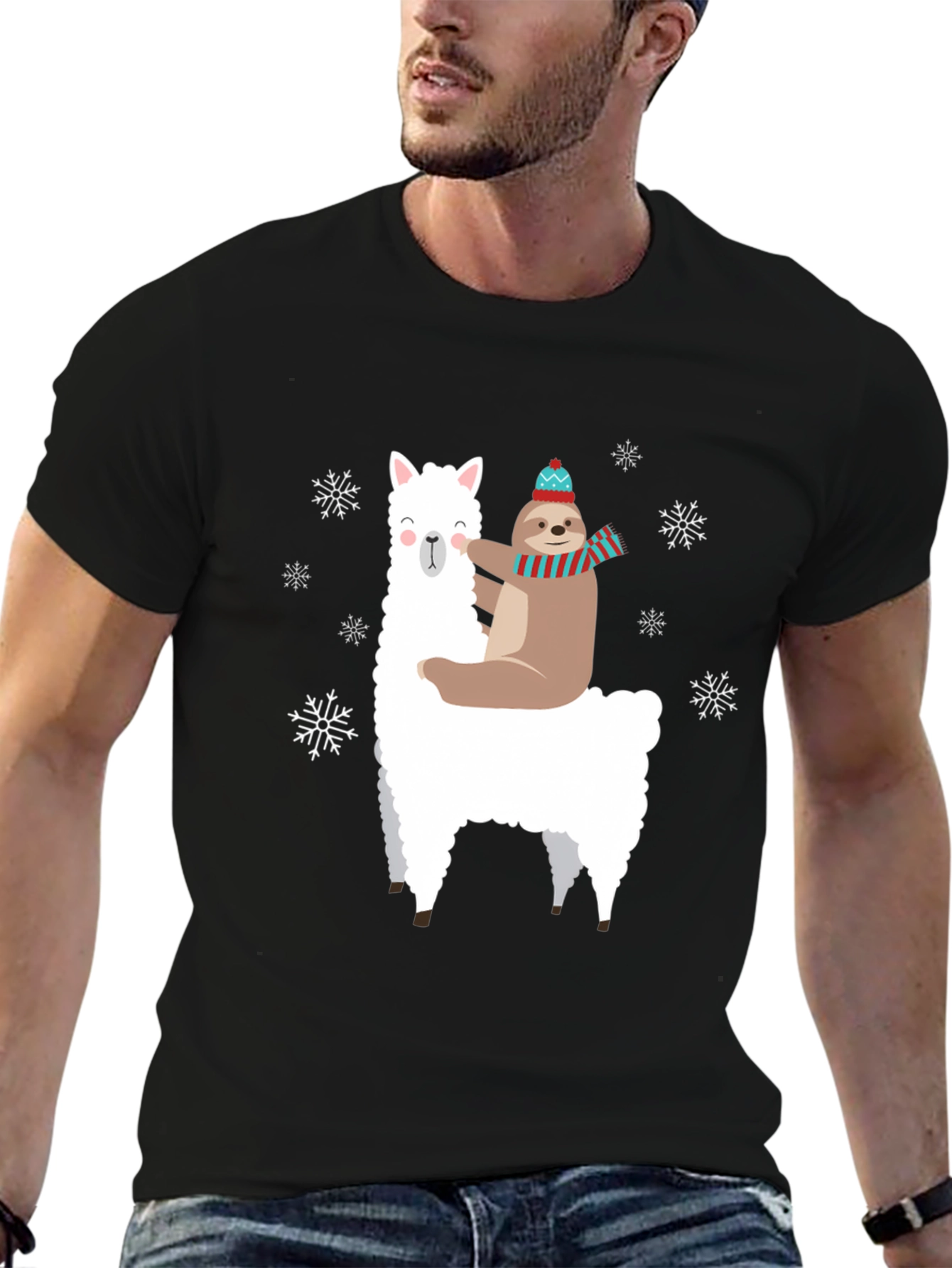 Llama Sloth Snowflake Black Graphic Tee