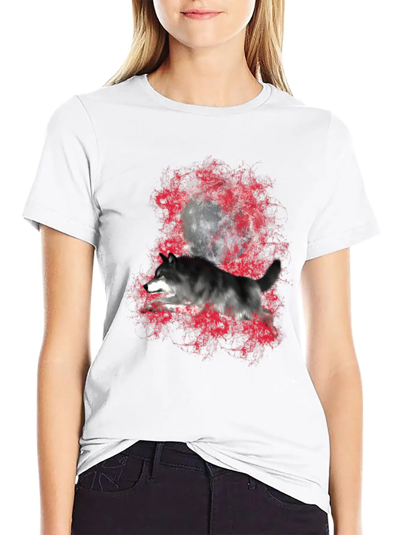 Grey Wolf In Red Splashes Unisex Casual T-Shirt – Clean Design For Daily Comfort