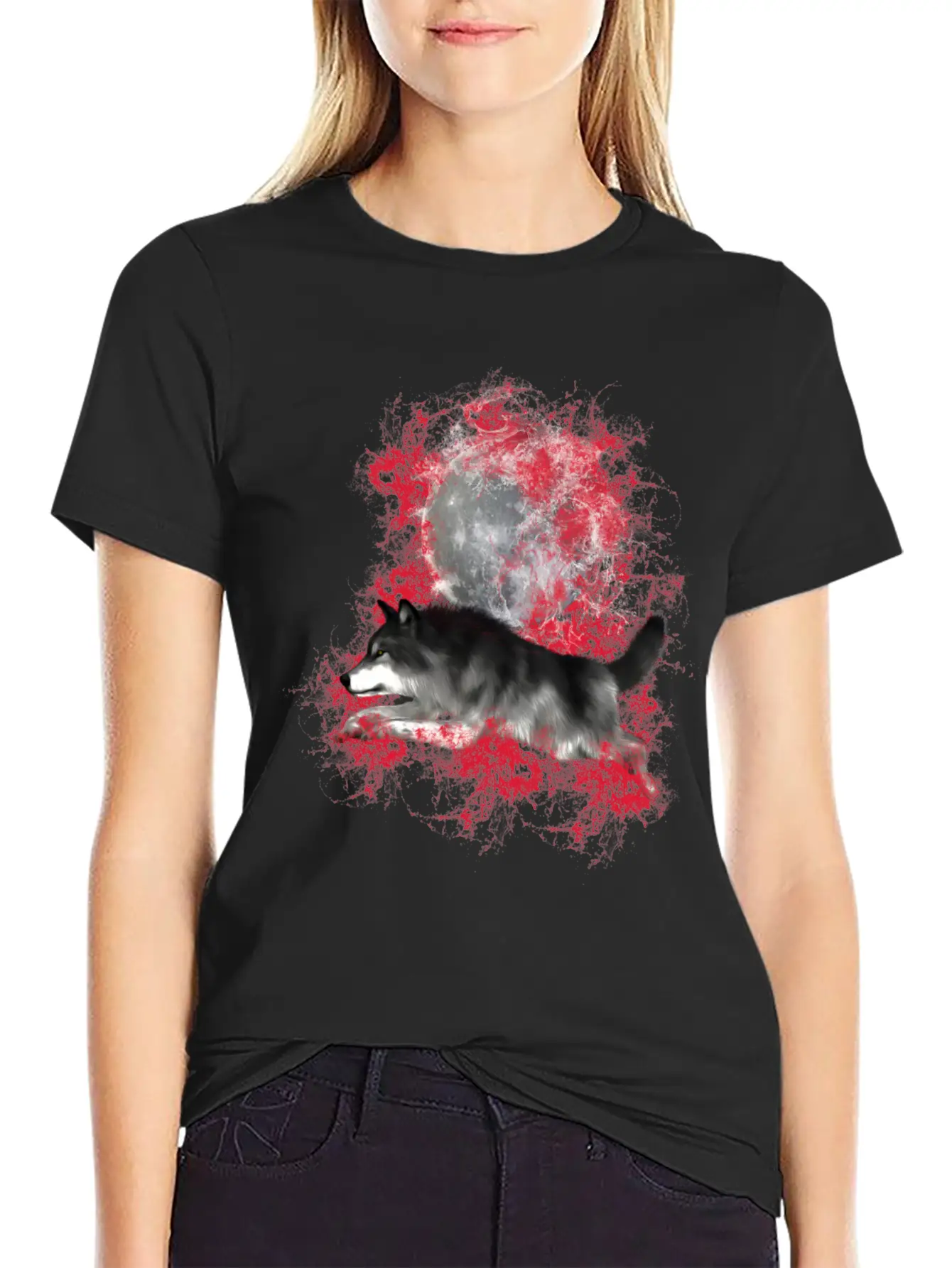 Grey Wolf In Red Splashes Unisex Casual T-Shirt – Clean Design For Daily Comfort