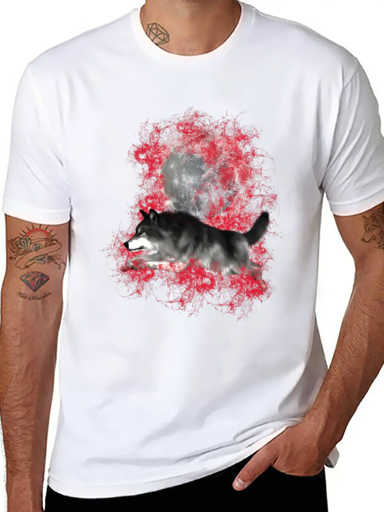 Grey Wolf In Red Splashes Unisex Casual T-Shirt – Clean Design For Daily Comfort