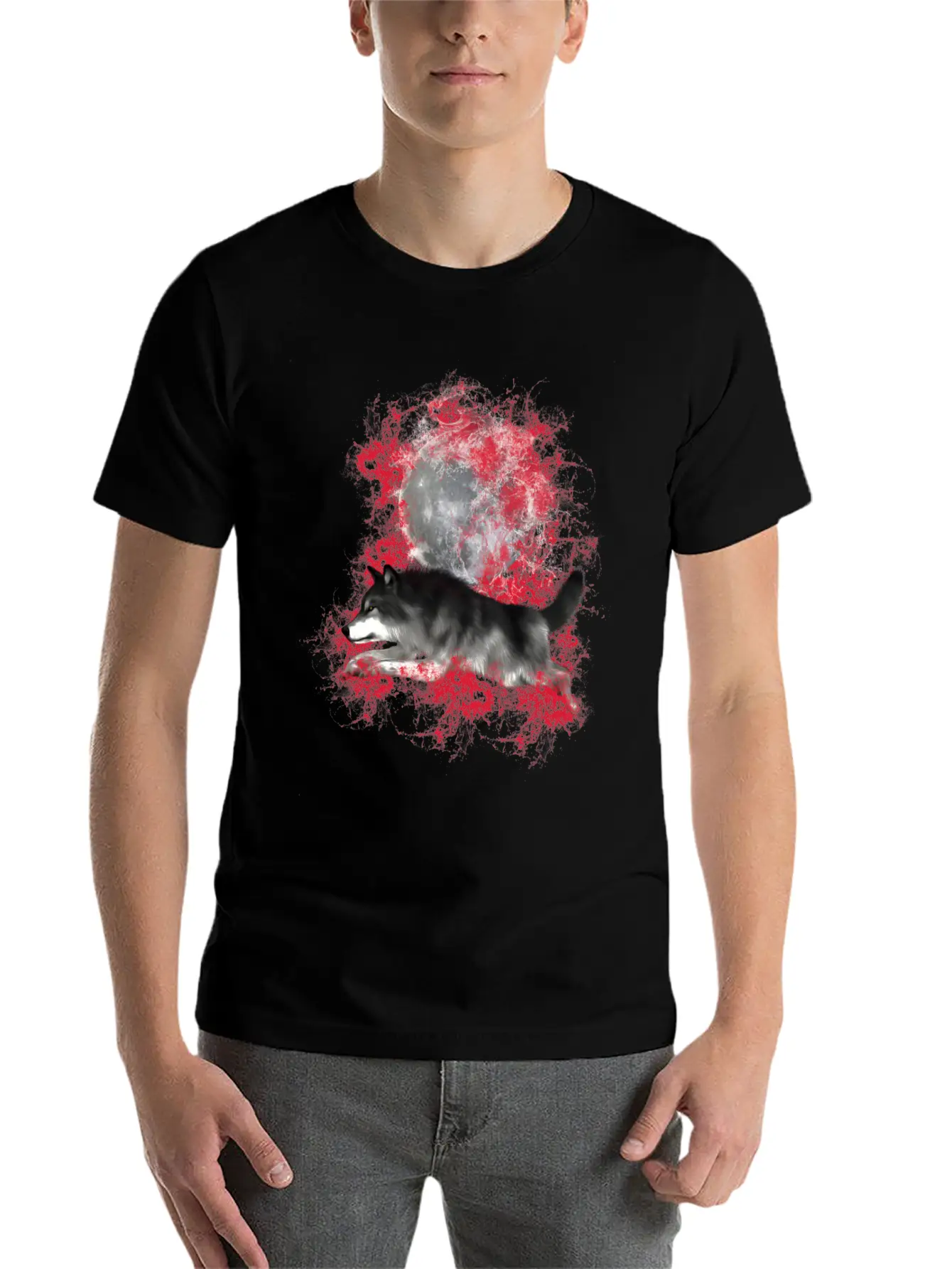 Grey Wolf In Red Splashes Unisex Casual T-Shirt – Clean Design For Daily Comfort