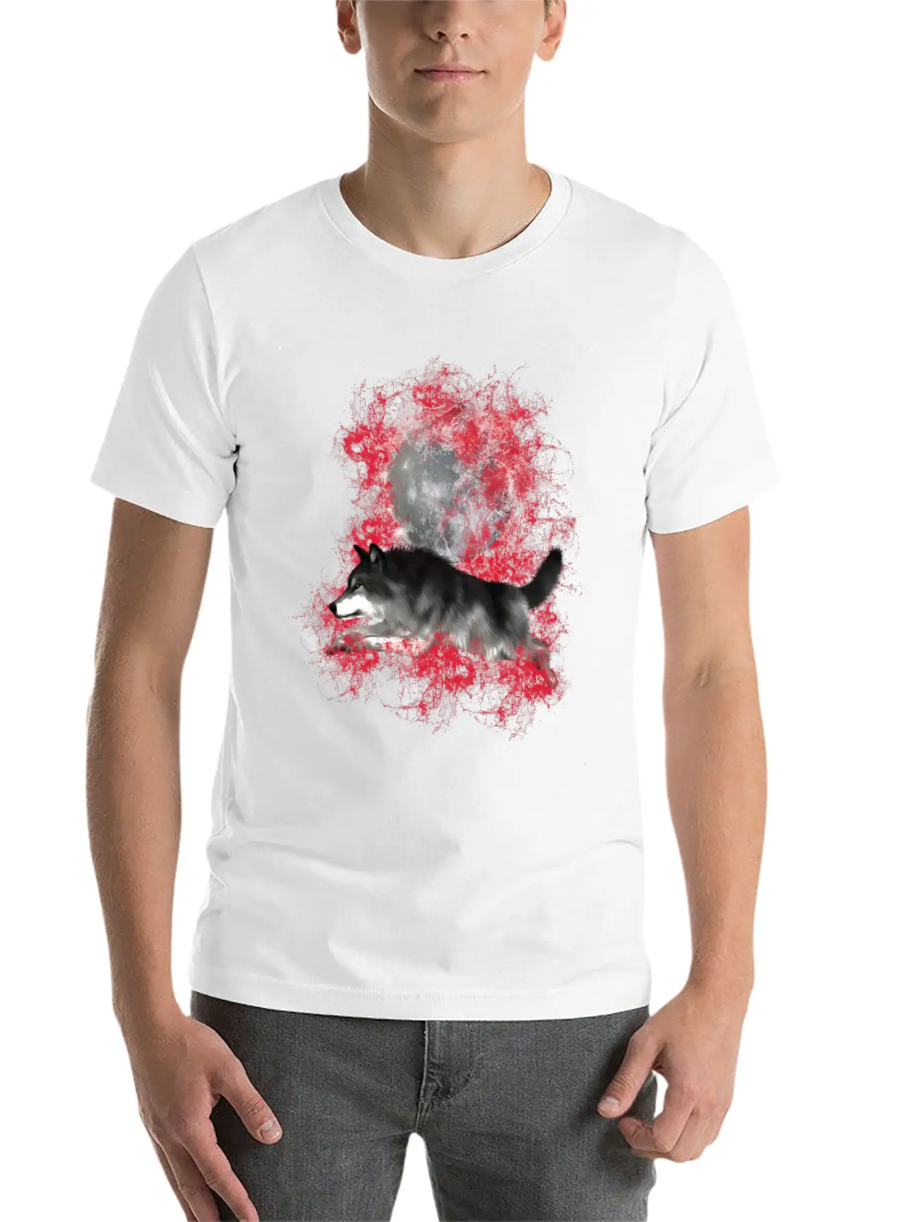Grey Wolf In Red Splashes Unisex Casual T-Shirt – Clean Design For Daily Comfort