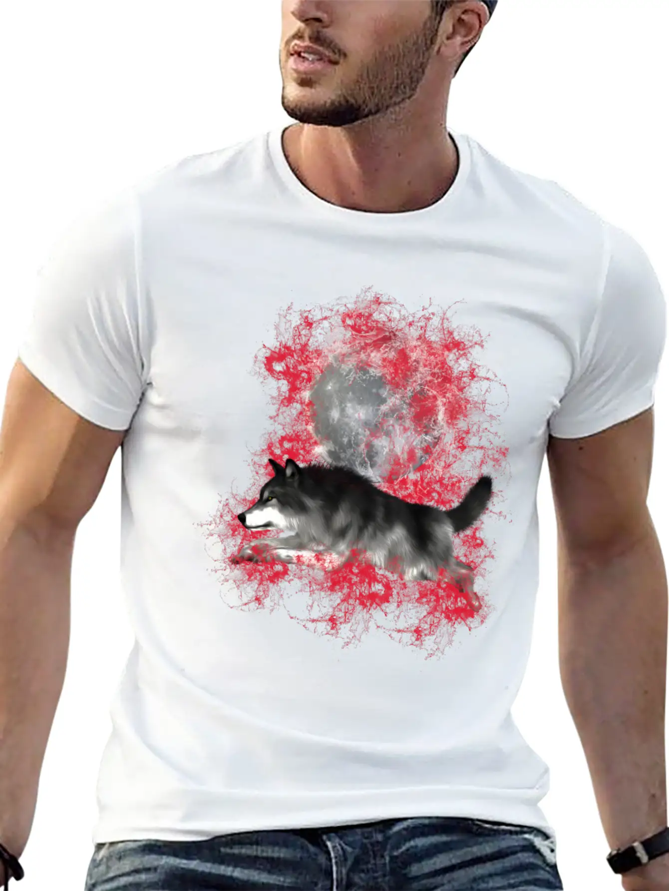 Grey Wolf In Red Splashes Unisex Casual T-Shirt – Clean Design For Daily Comfort