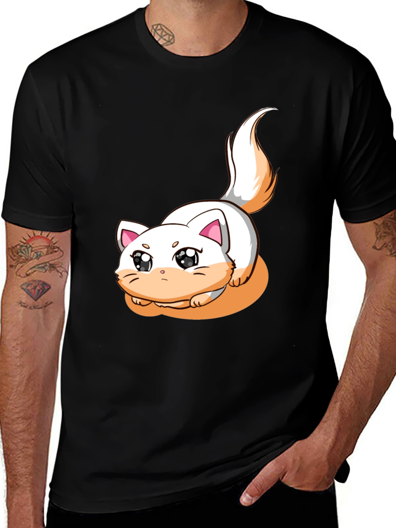 Cute Cartoon Cat Graphic T-Shirt - Black