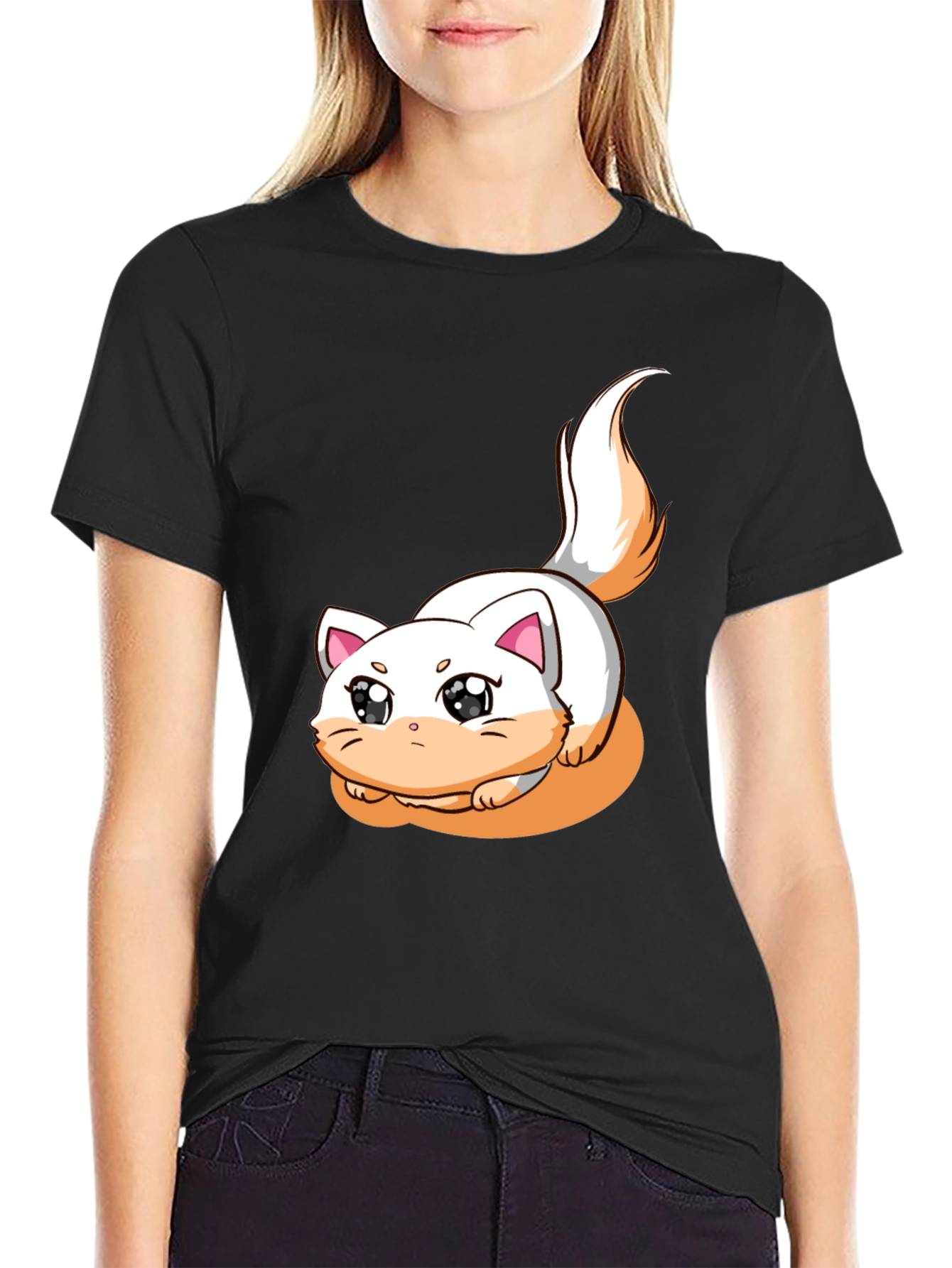 Cute Cartoon Cat Graphic T-Shirt - Black