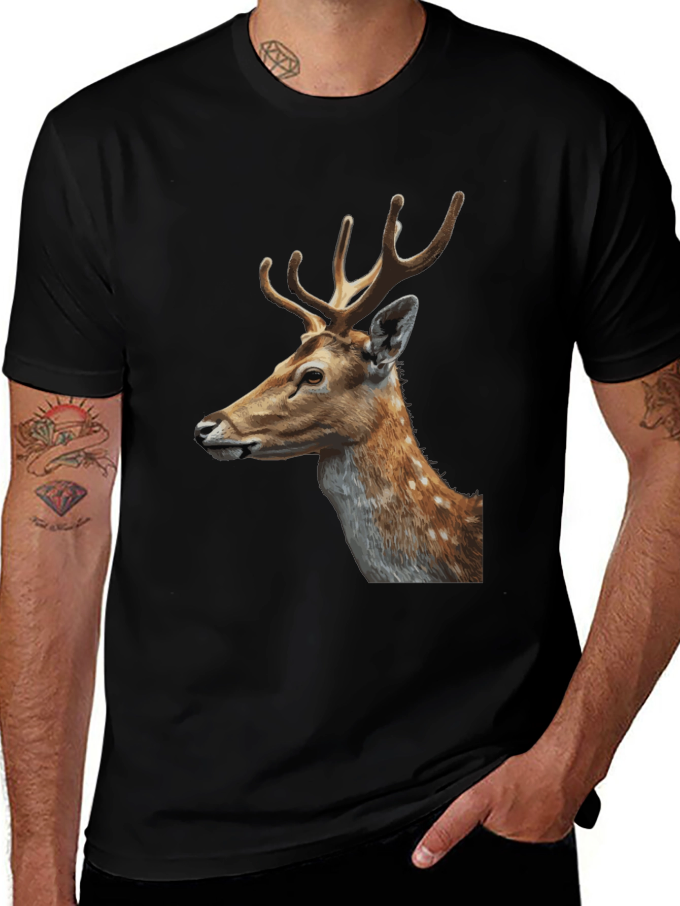 Deer Graphic Tee - Black Cotton Animal Print T-Shirt