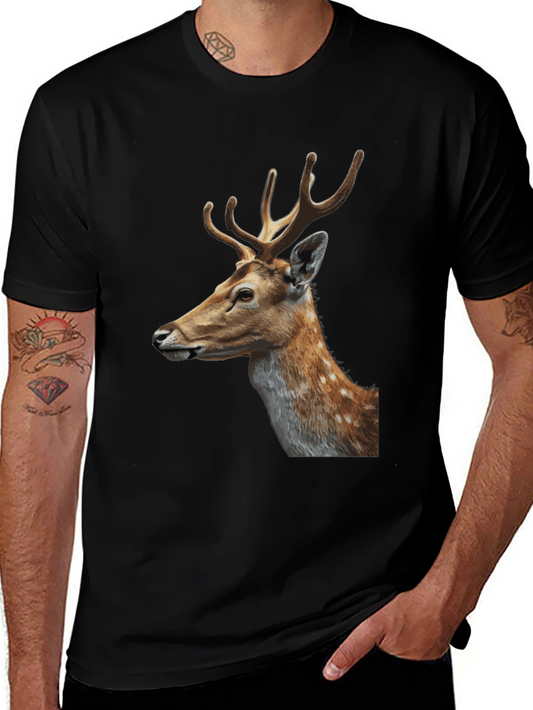 Deer Graphic Tee - Black Cotton Animal Print T-Shirt