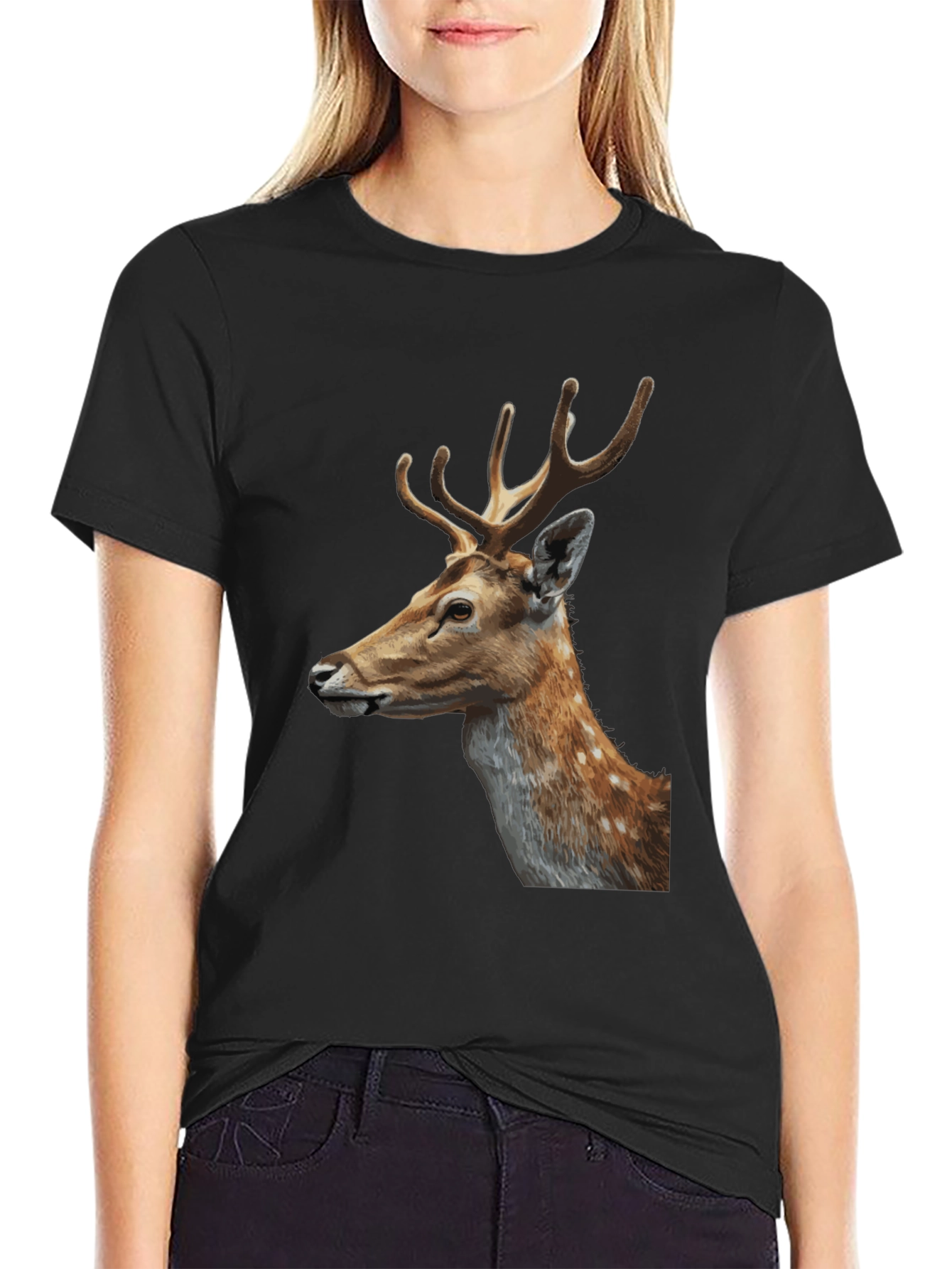 Deer Graphic Tee - Black Cotton Animal Print T-Shirt