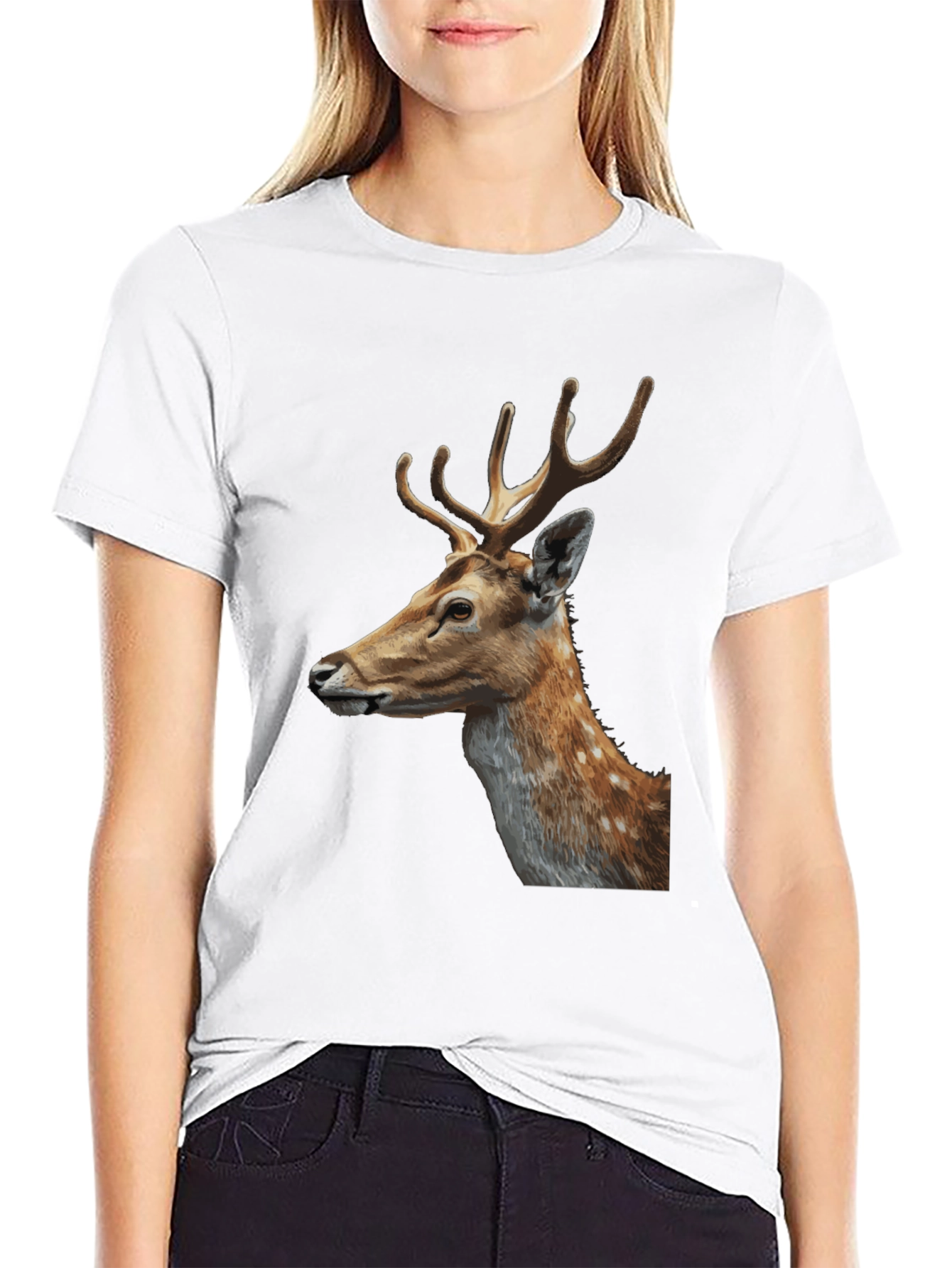 Deer Graphic Tee - Black Cotton Animal Print T-Shirt